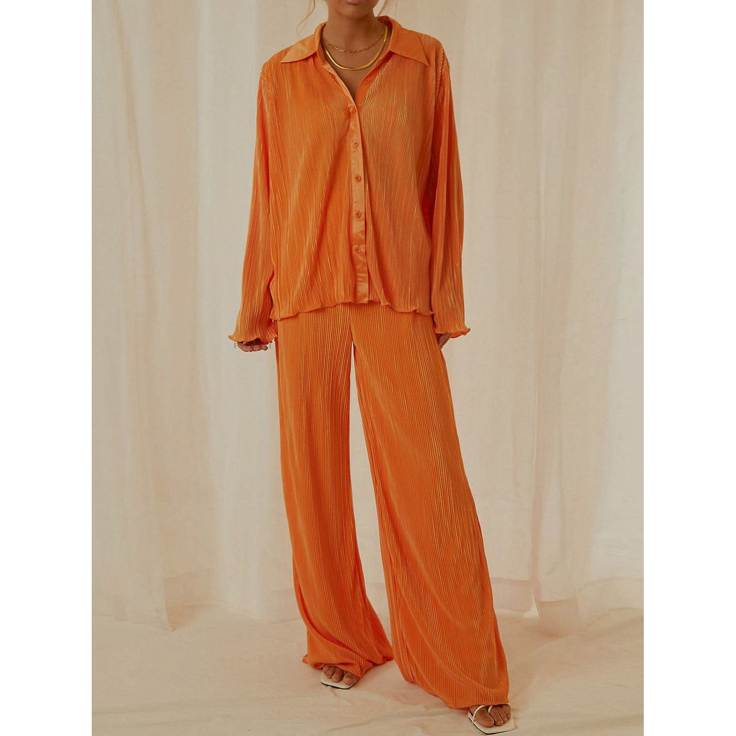 Collared Neck Long Sleeve Top and Pants Lounge Set