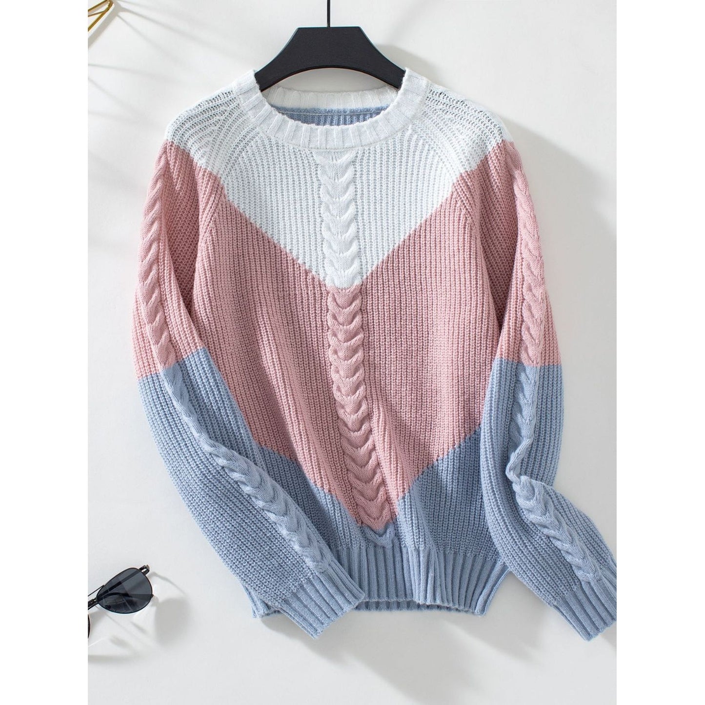 Color Block Round Neck Long Sleeve Sweater