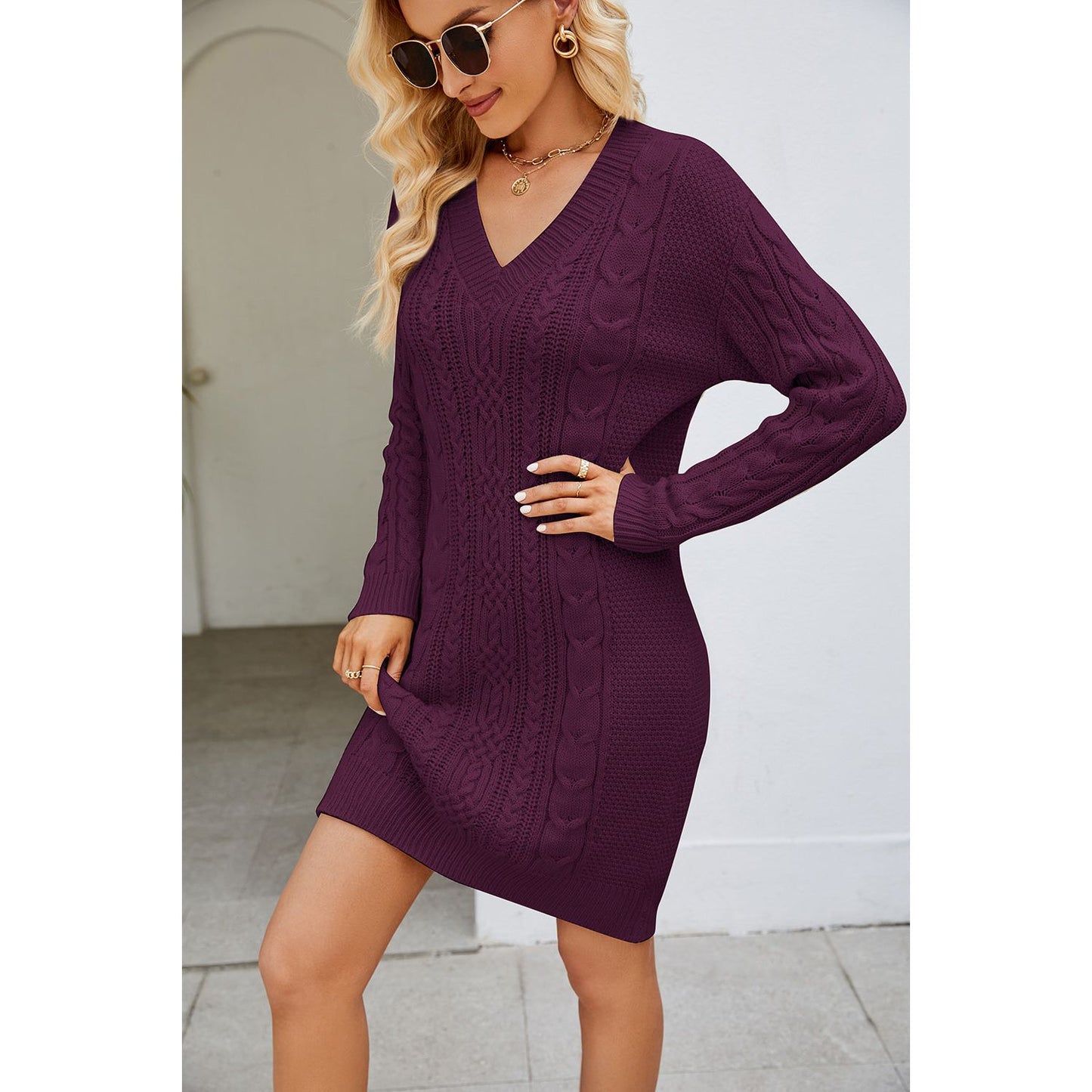 Cable-Knit Long Sleeve Sweater Dress