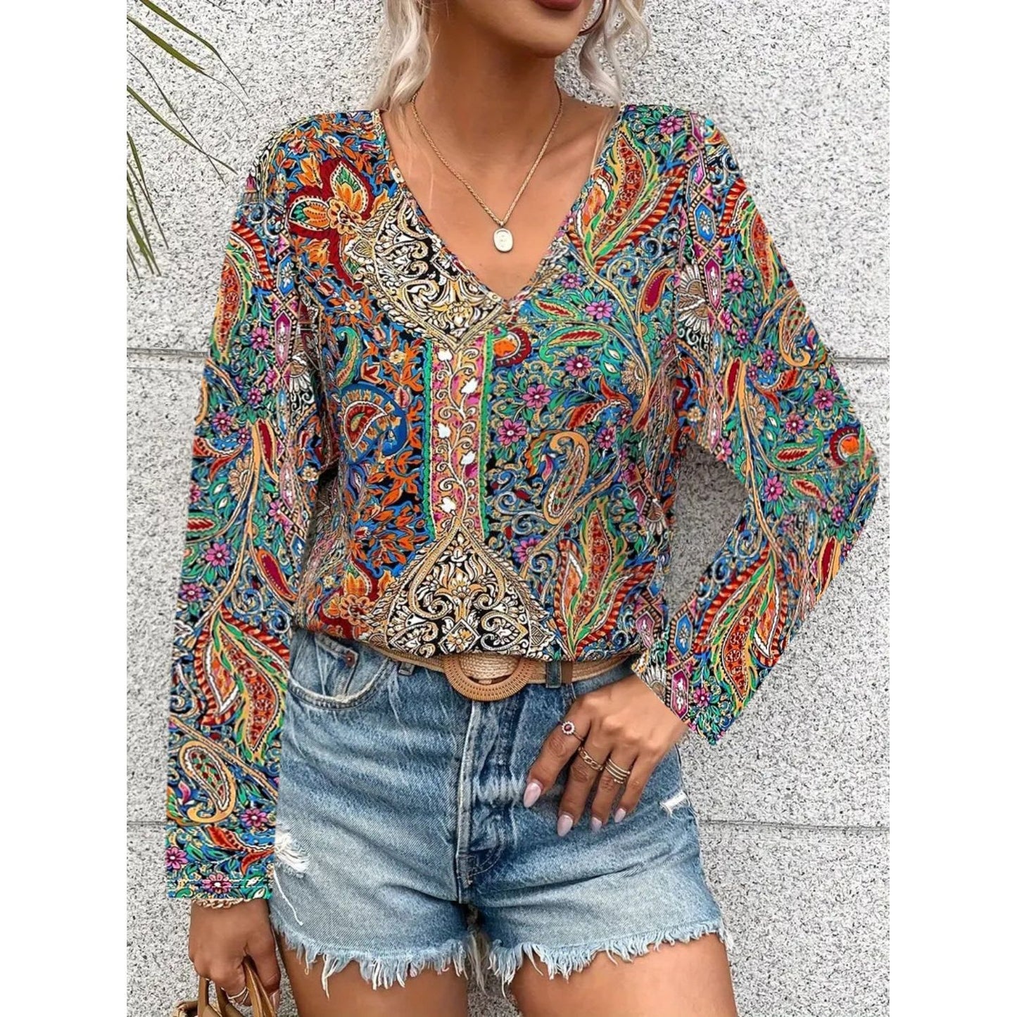 Printed V-Neck Long Sleeve Blouse