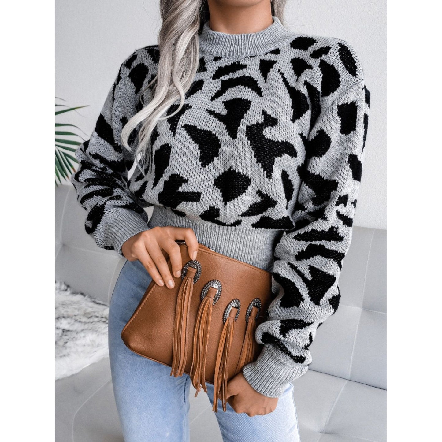 Leopard Round Neck Dropped Shoulder Sweater