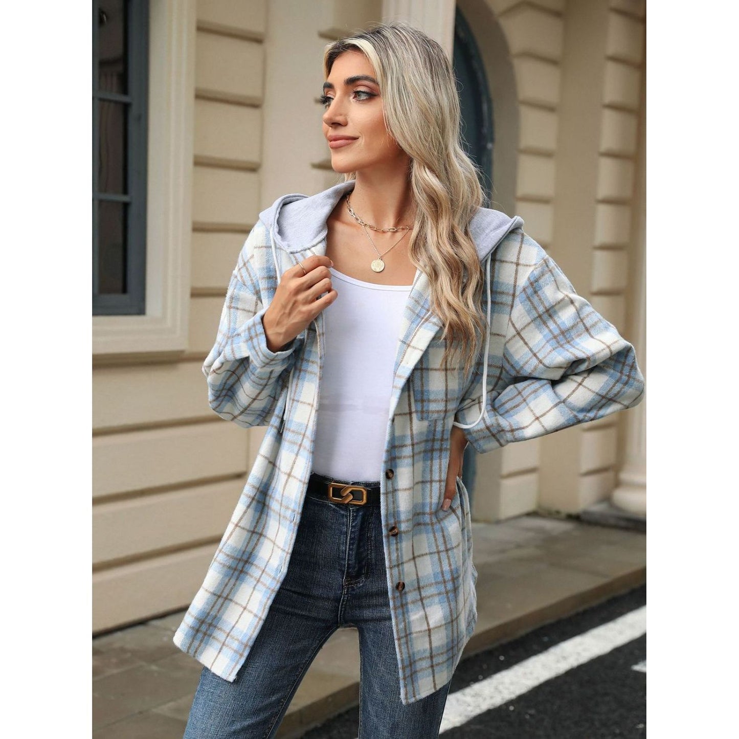 Drawstring Plaid Button Up Hooded Jacket