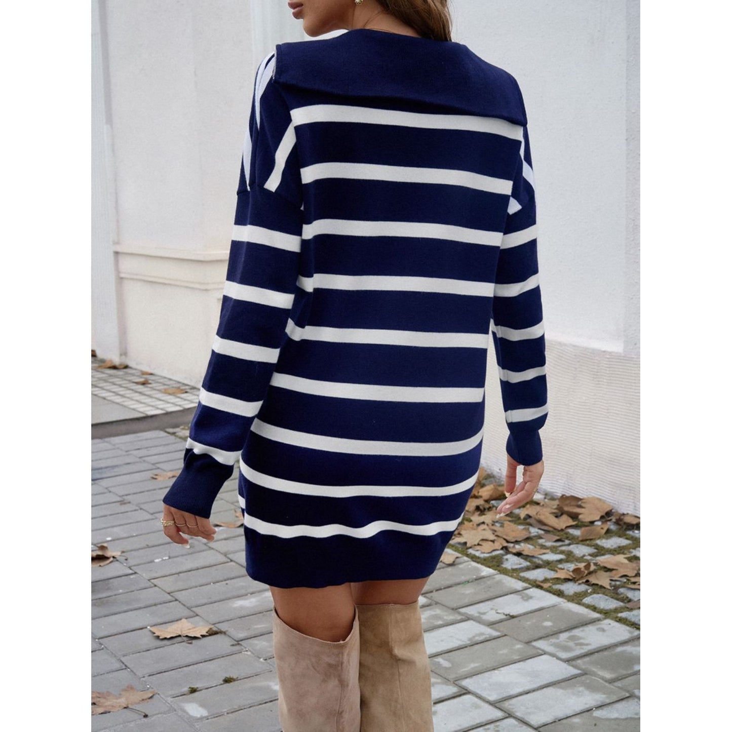 Devine Quarter Zip Striped Long Sleeve Sweater Dress