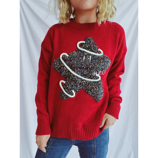 Contrast Star Round Neck Long Sleeve Sweater