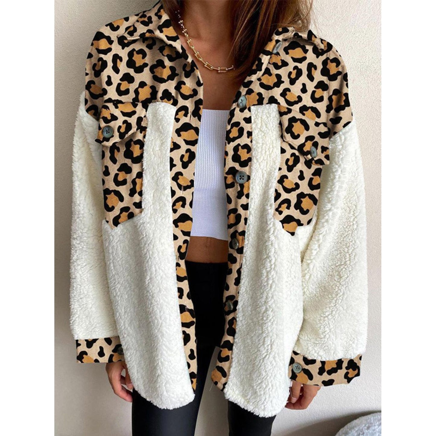 Fuzzy Button Up Long Sleeve Jacket