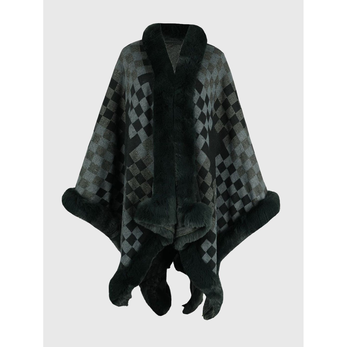 Checkered Faux Fur Trim Poncho