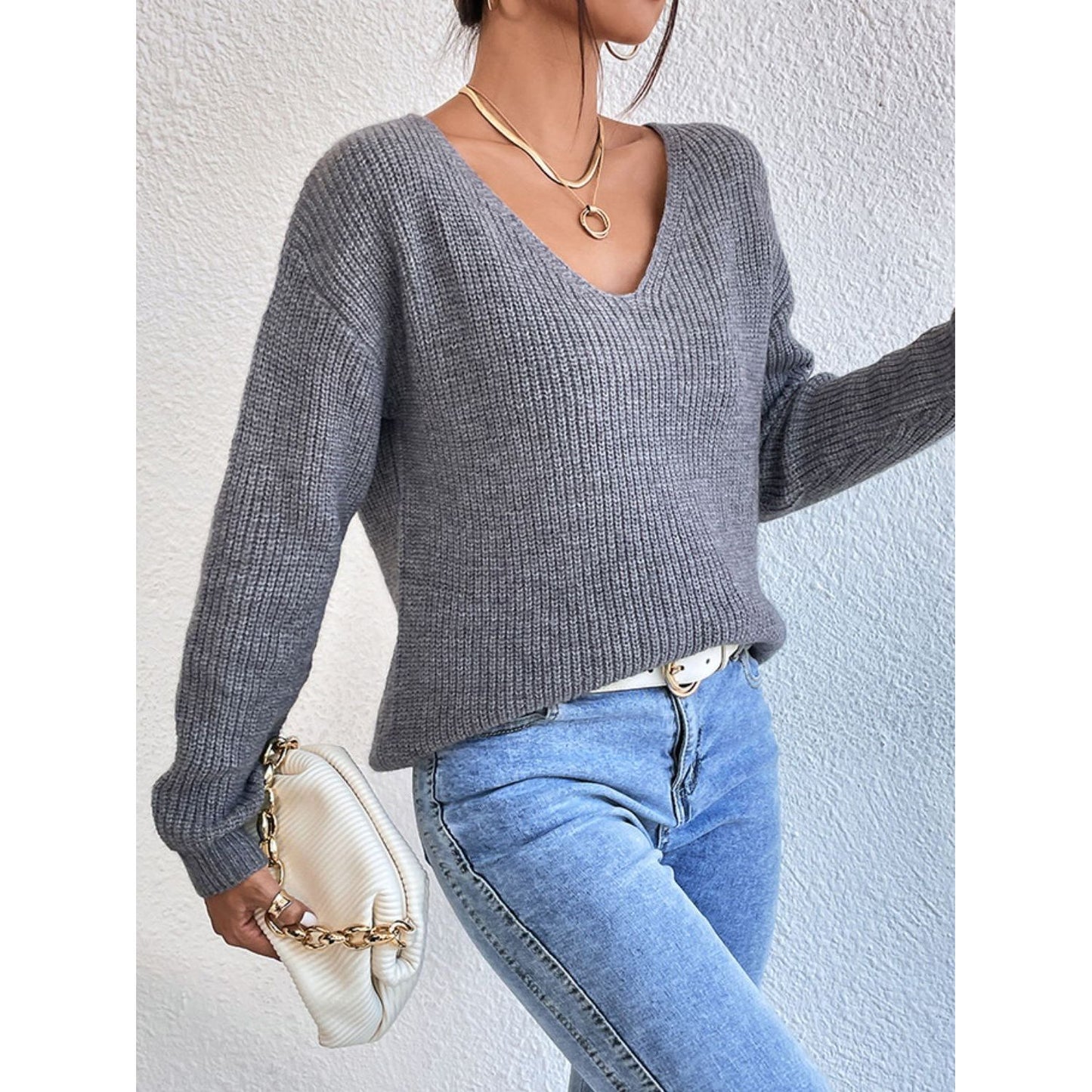 Crisscross V-Neck Long Sleeve Sweater