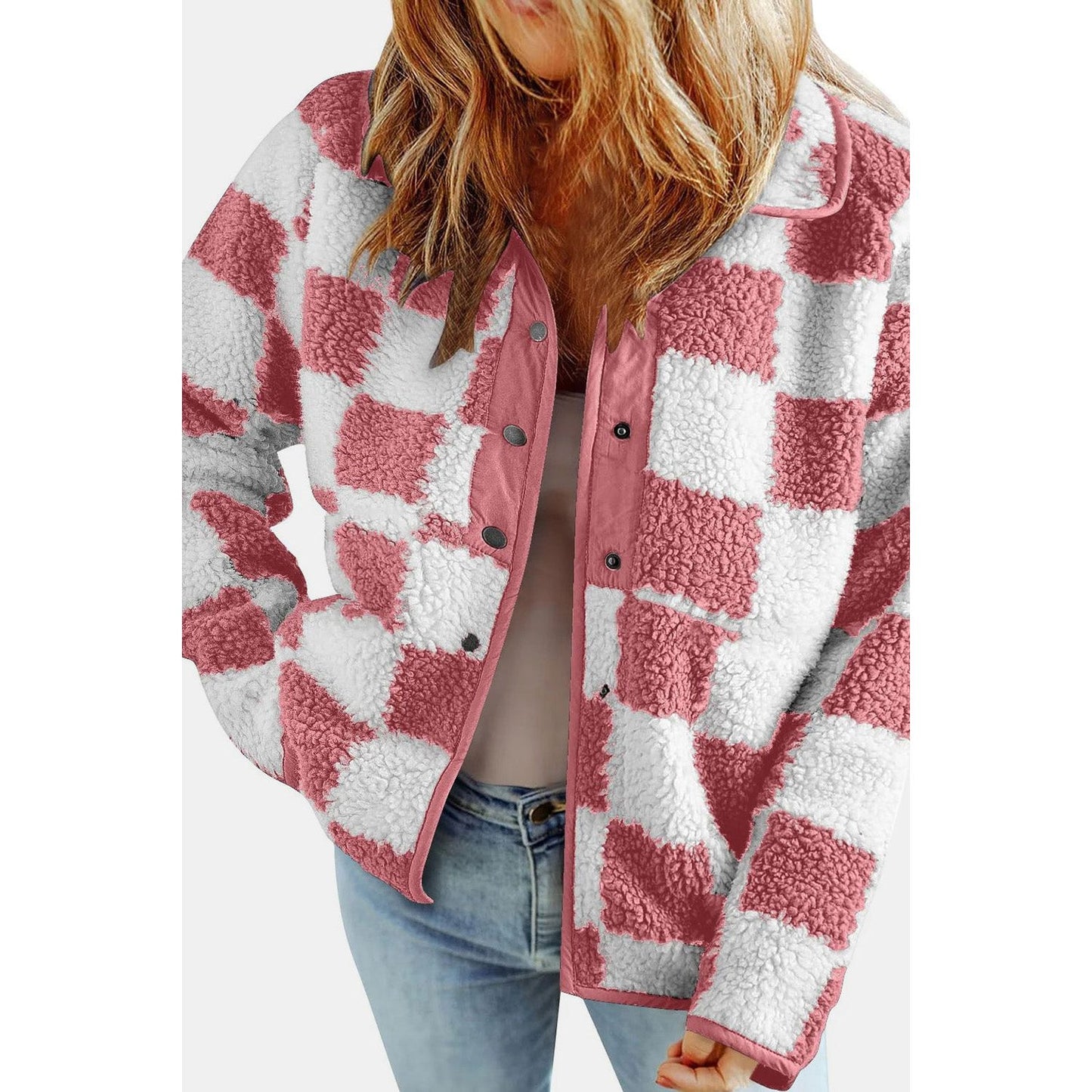 Checkered Snap Down Long Sleeve Teddy Jacket