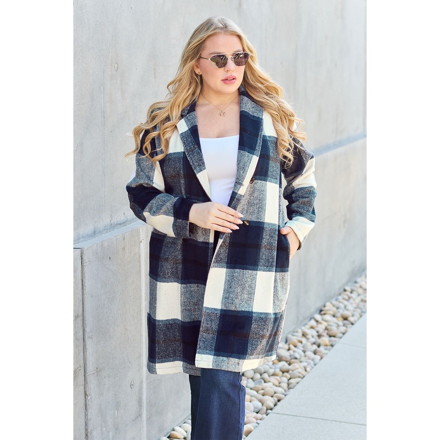 Double Take Full Size Plaid Button Up Lapel Collar Coat