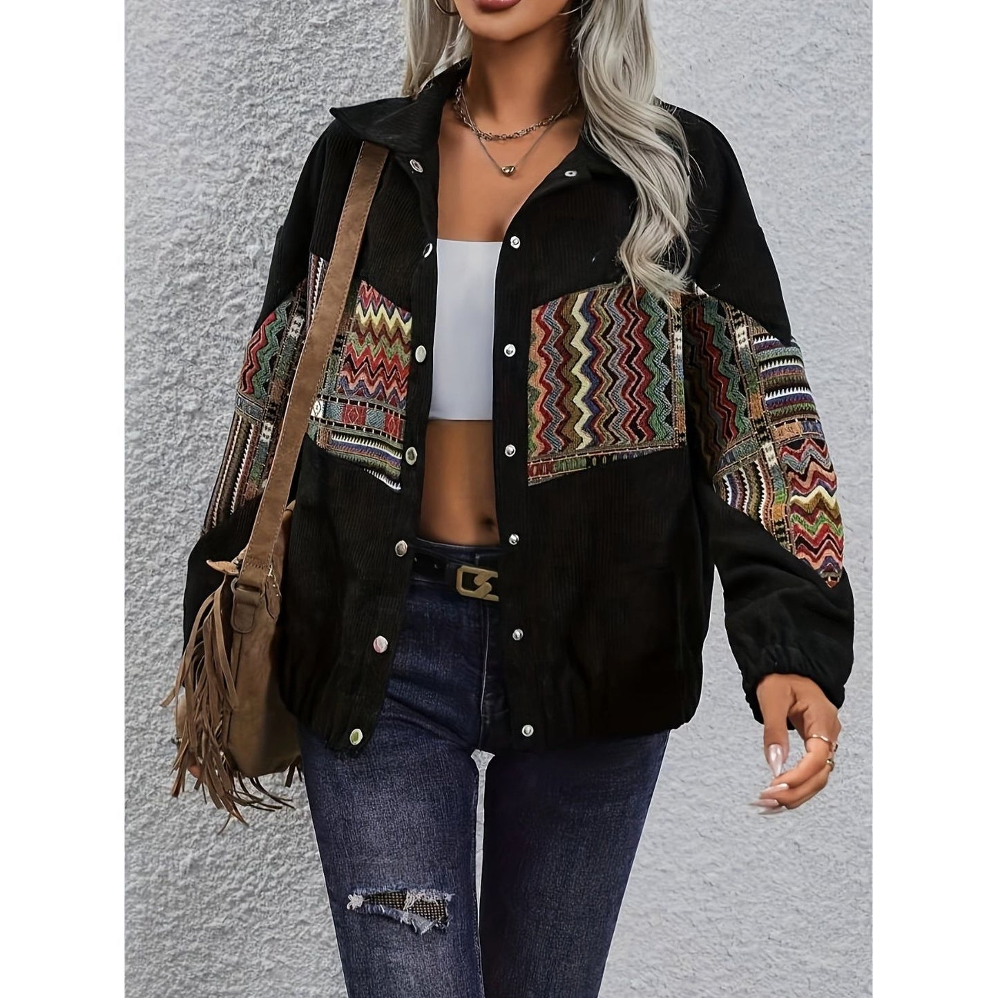 Embroidered Collared Neck Snap Down Jacket