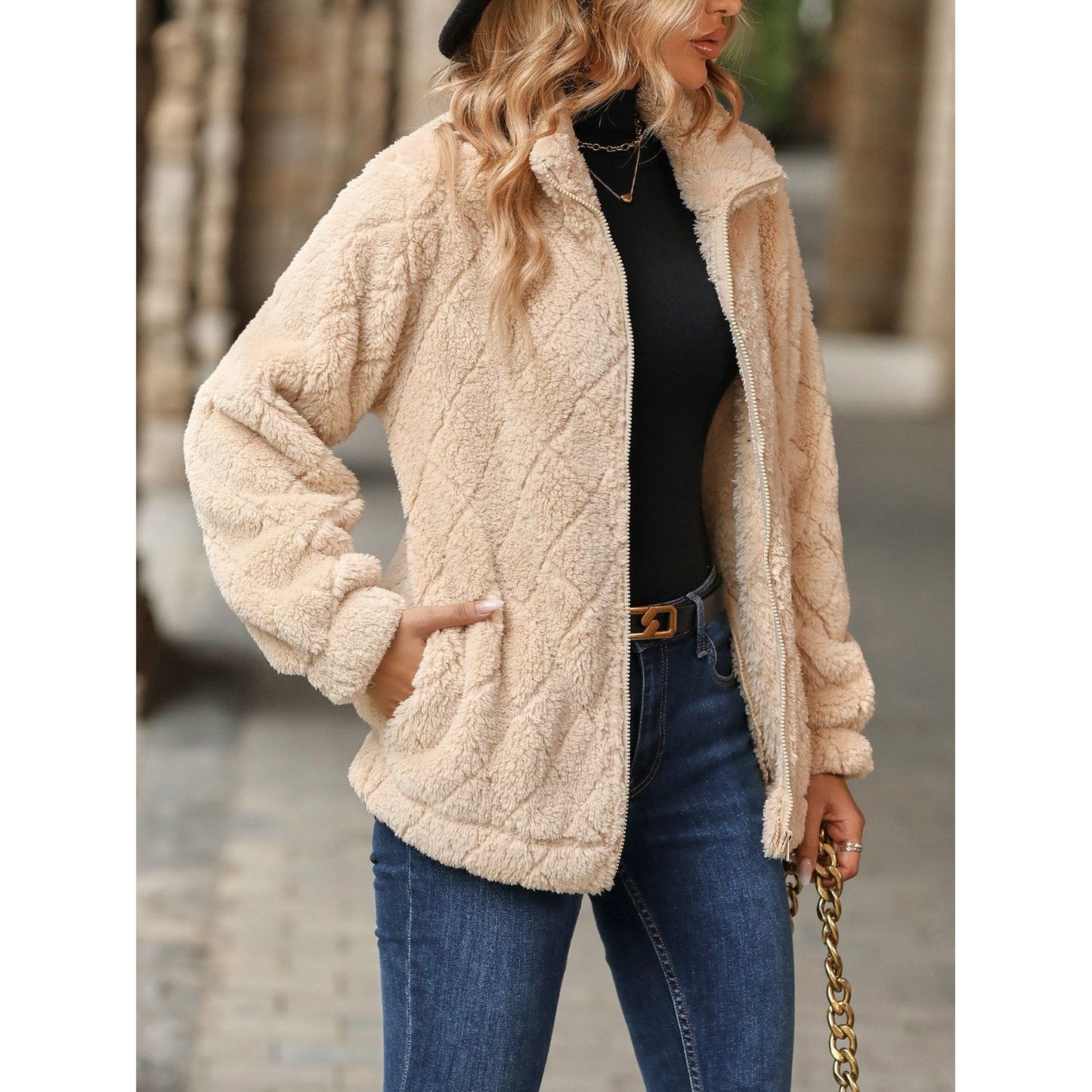 Fuzzy Pocketed Zip Up Jacket