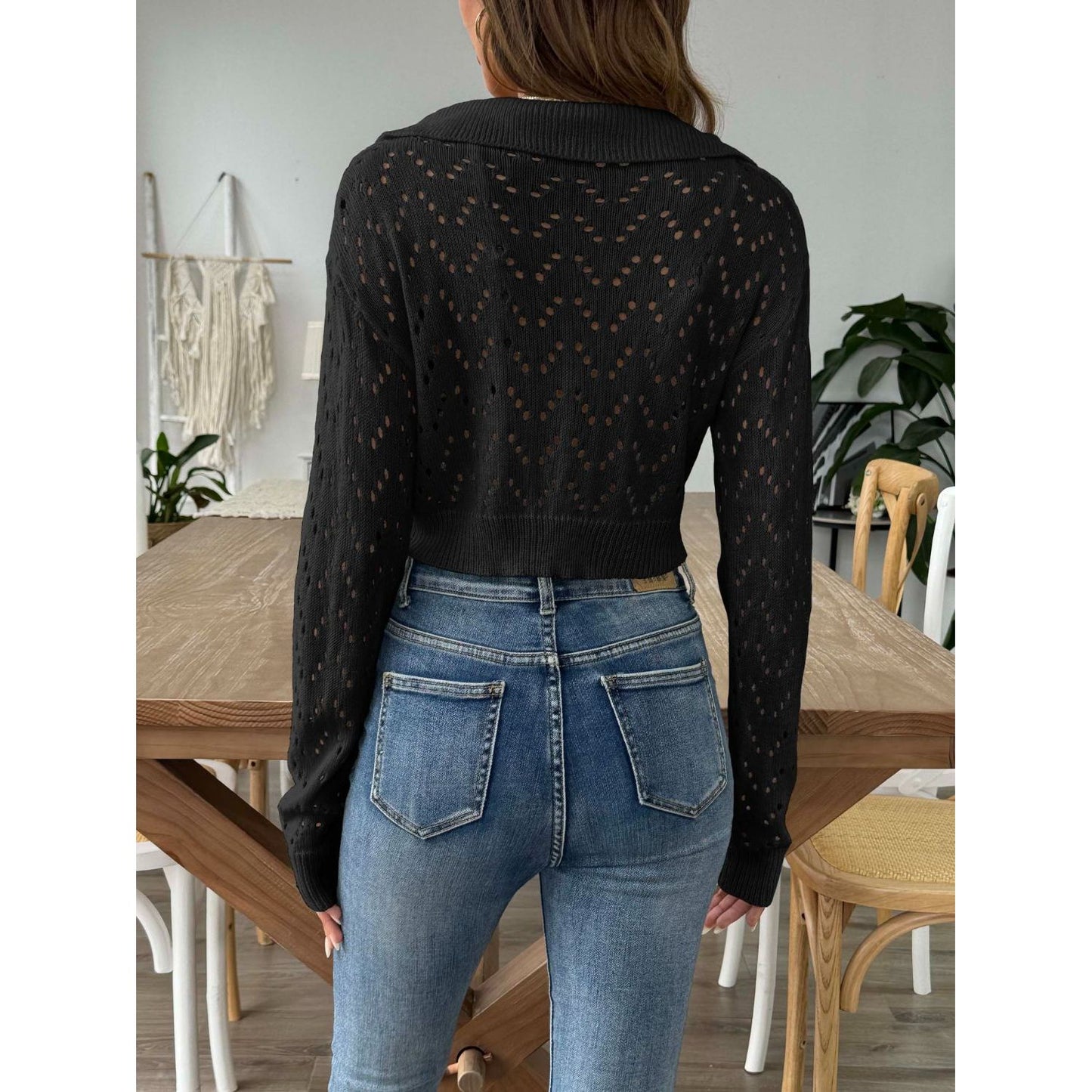 Openwork Collared Neck Long Sleeve Knit Top