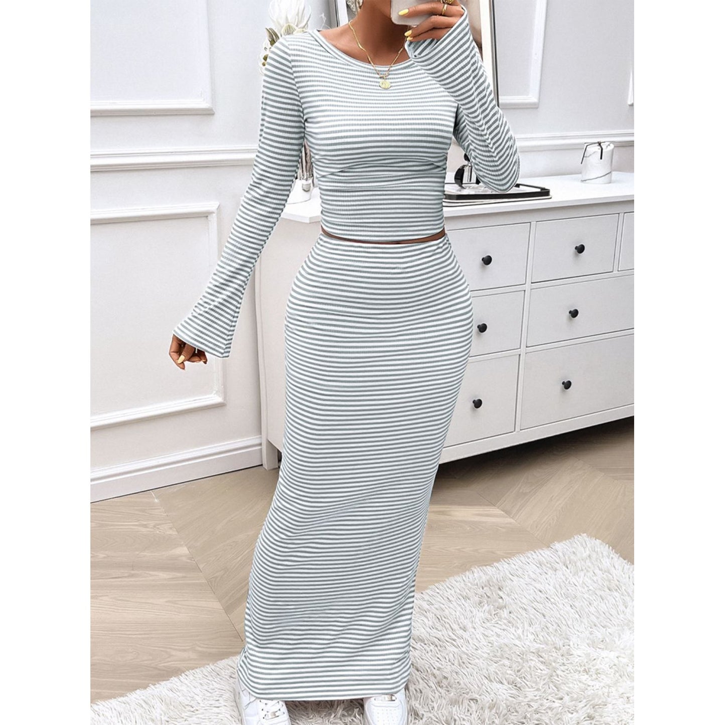 Devine Striped Boat Neck Top and Skirt Set