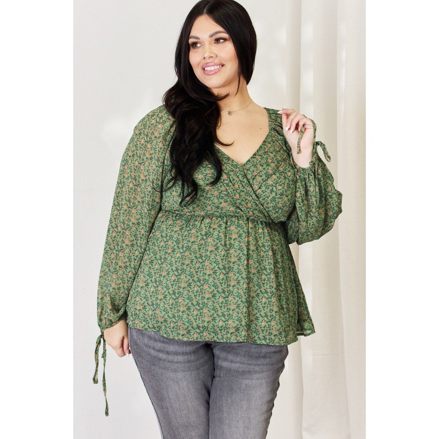 HEYSON Full Size Floral Surplice Peplum Blouse