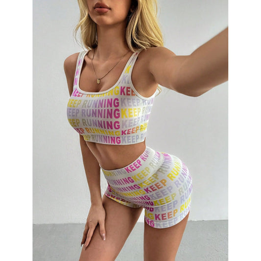 Letter Printed Wide Strap Top and Shorts Active Set