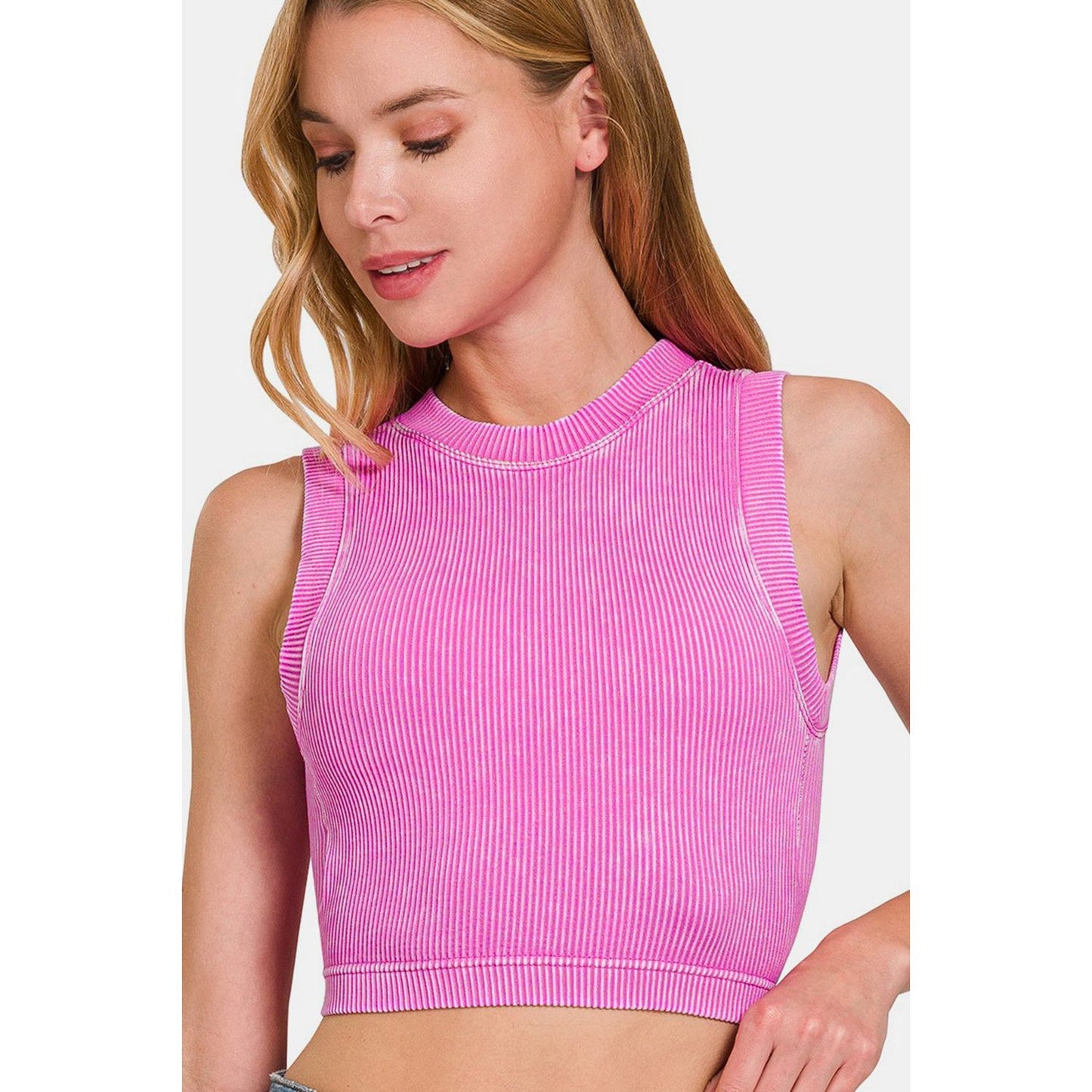 Zenana Washed Ribbed Seamless Crop Tank with Bra Pad