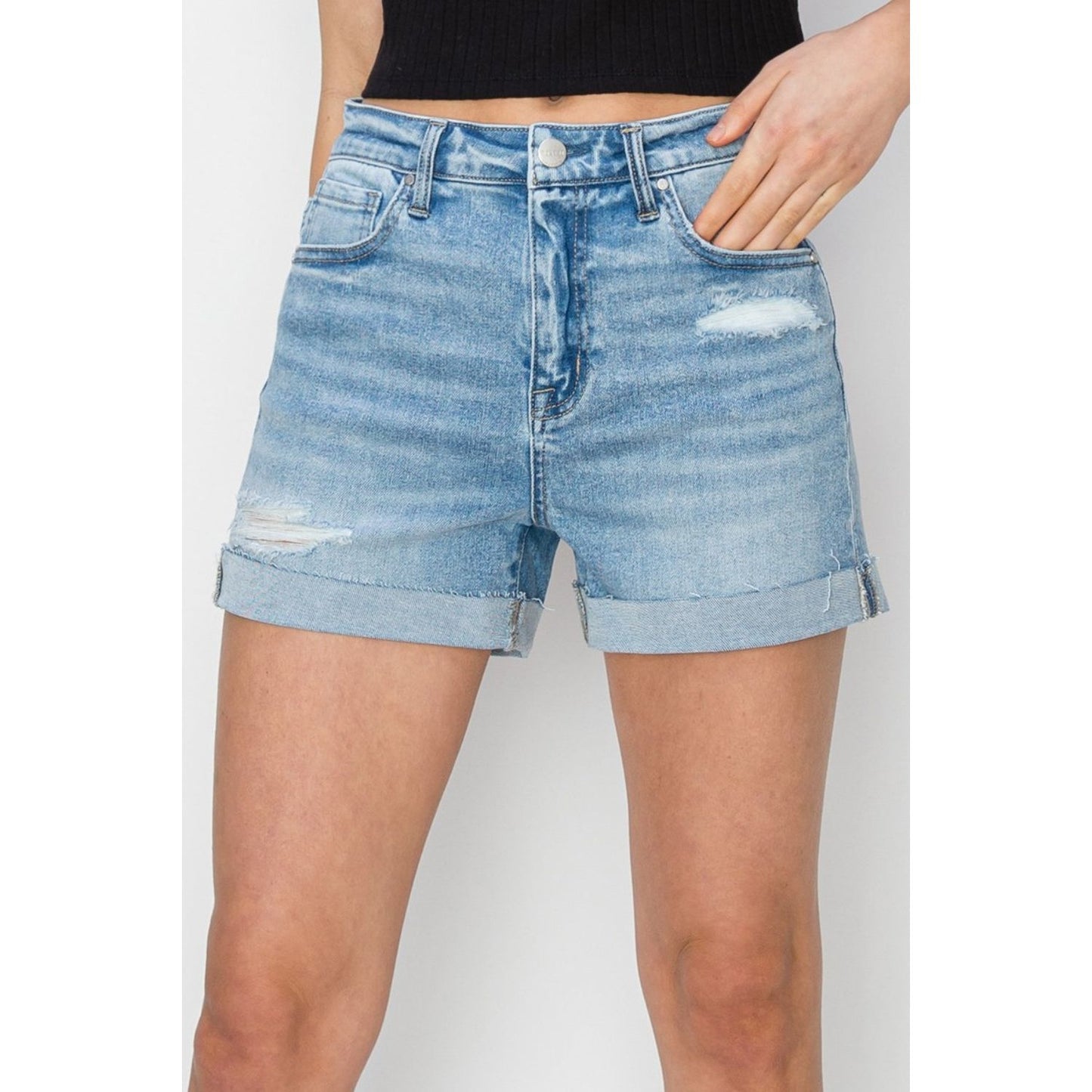 RISEN Distressed Mid-Rise Waist Denim Shorts