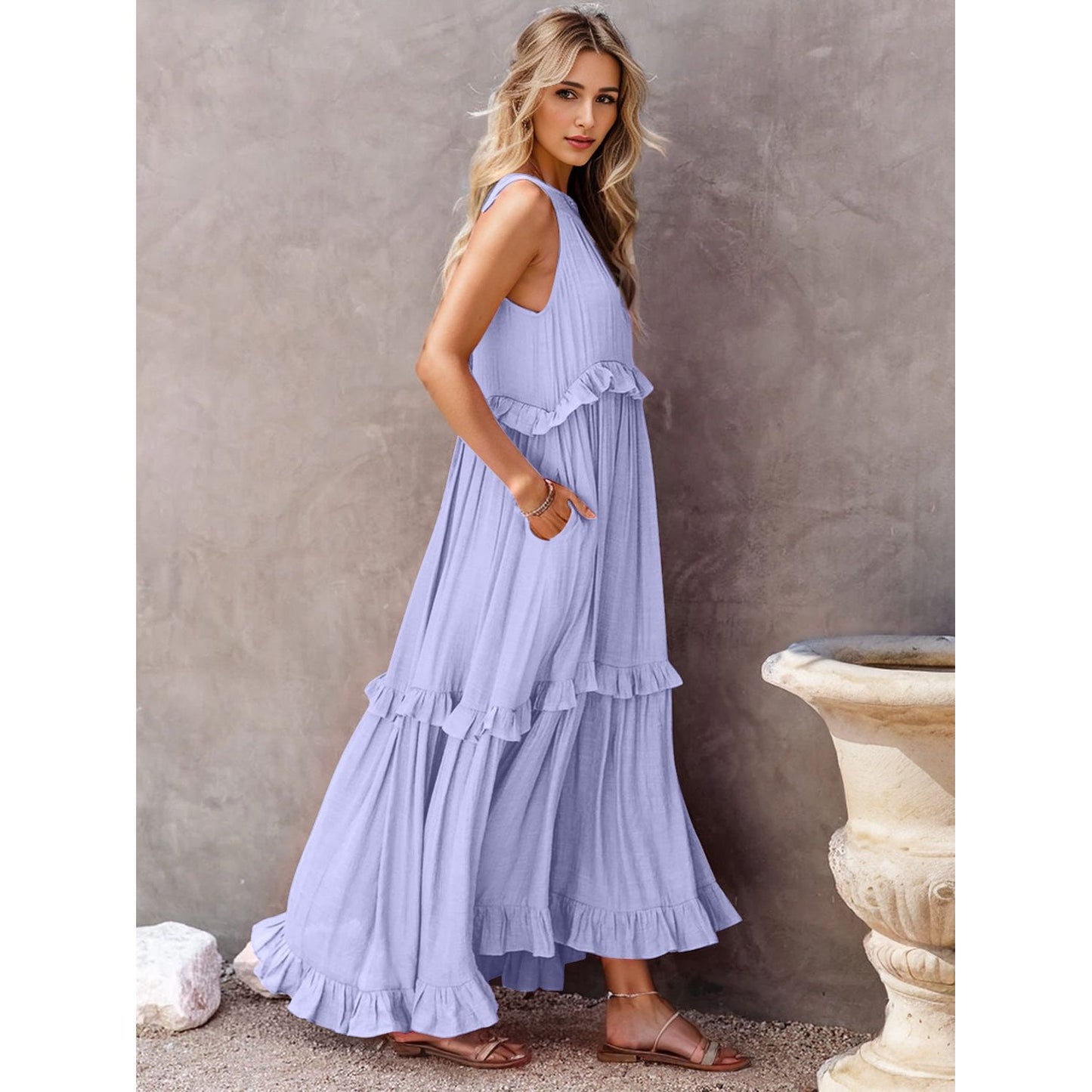 Ruffled Sleeveless Tiered Maxi Dress with Pockets