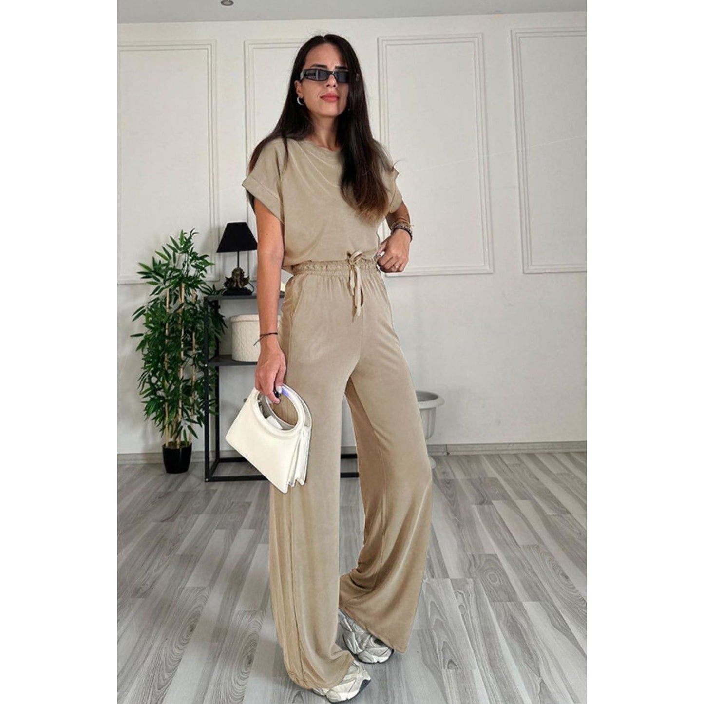 Round Neck Short Sleeve Top and Drawstring Pants Set