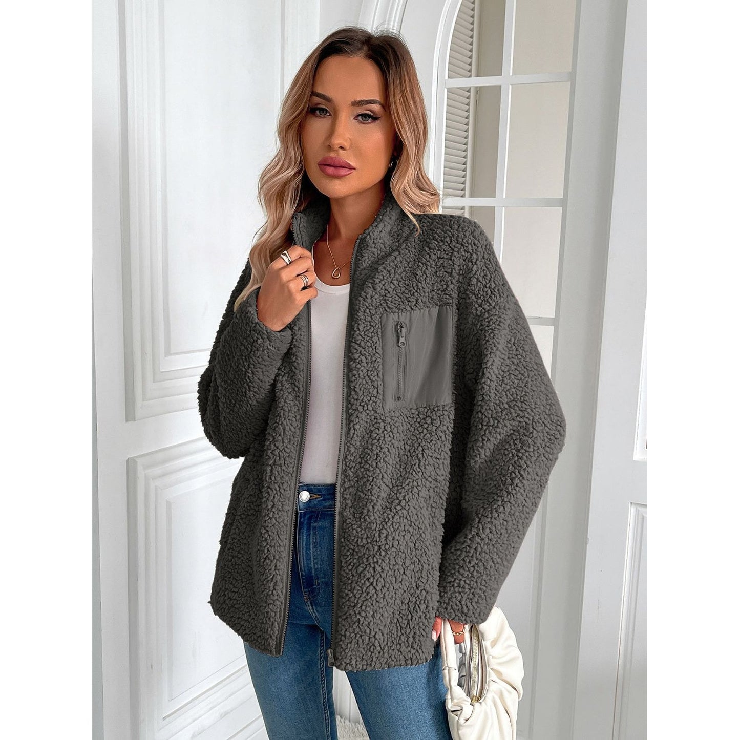 Ivy Lane Zip Up Long Sleeve Fuzzy Jacket