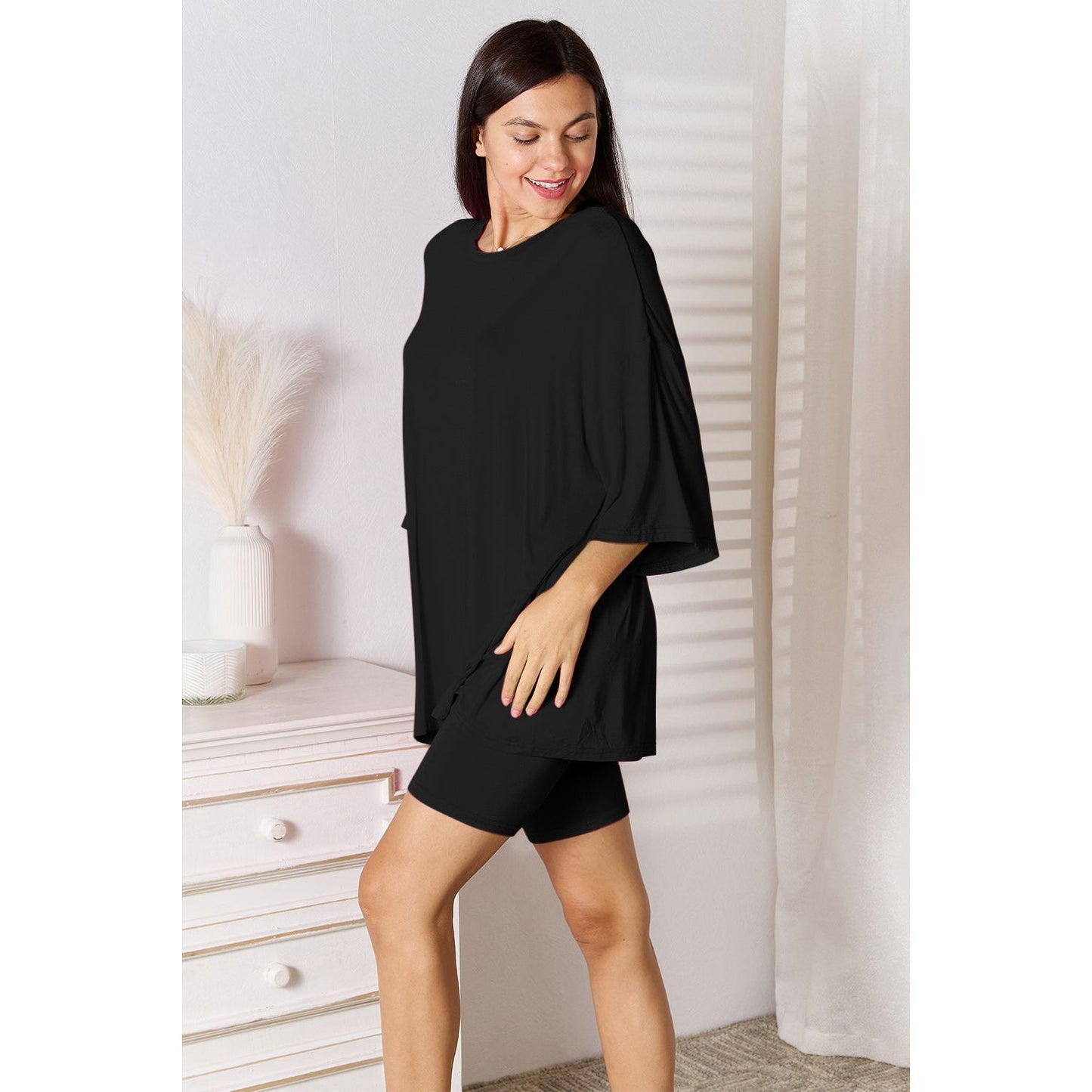 Basic Bae Bamboo Full Size Round Neck Drop Shoulder T-Shirt and Shorts Set