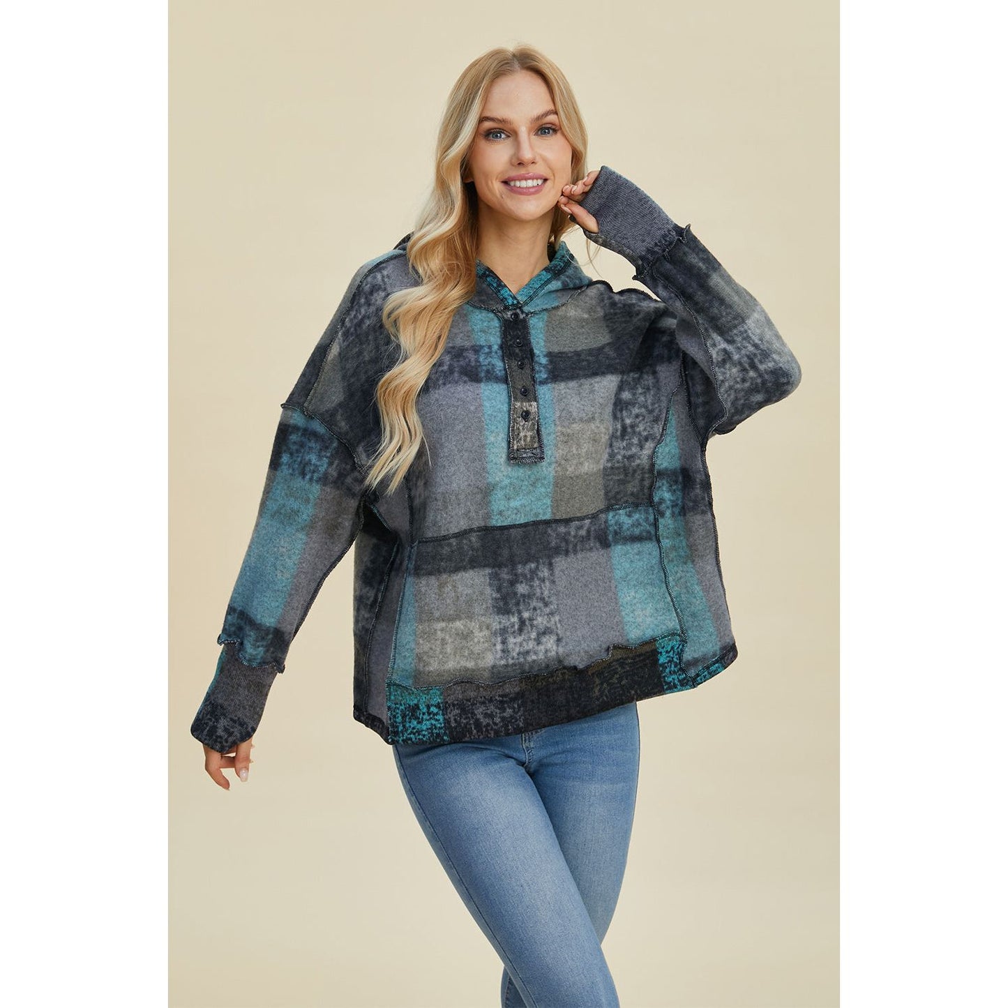 Double Take Full Size Plaid Dropped Shoulder Hoodie