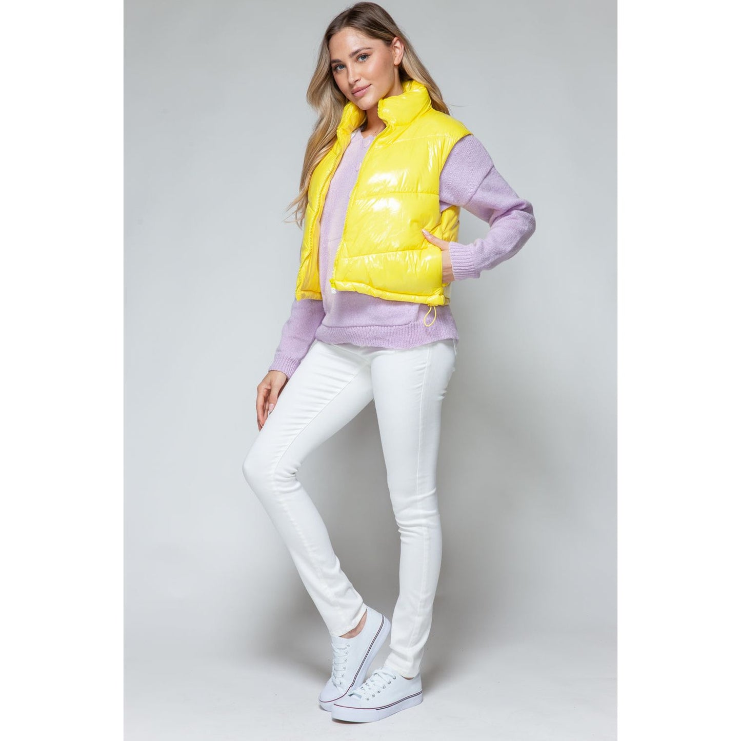 Snobbish Zip Up Turtleneck Shiny Quilted Vest