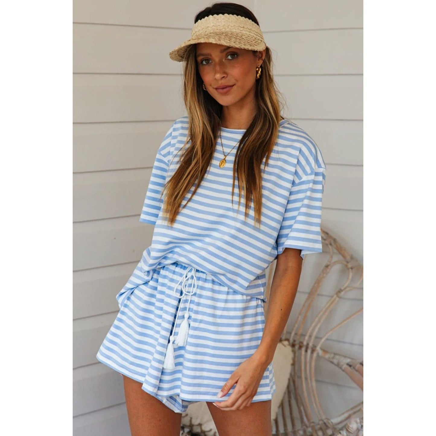 Striped Round Neck Top and Shorts Set