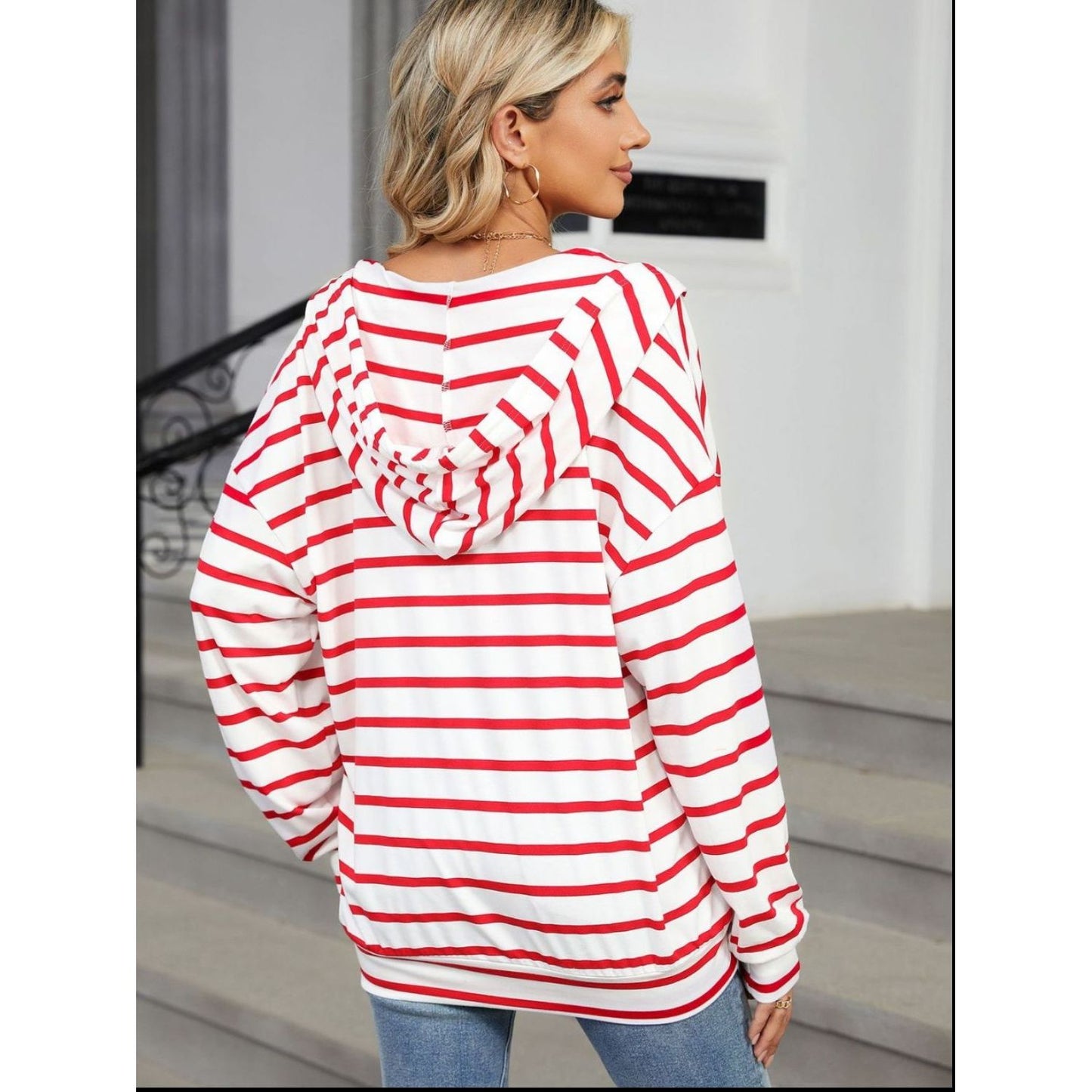 Drawstring Striped Long Sleeve Hoodie