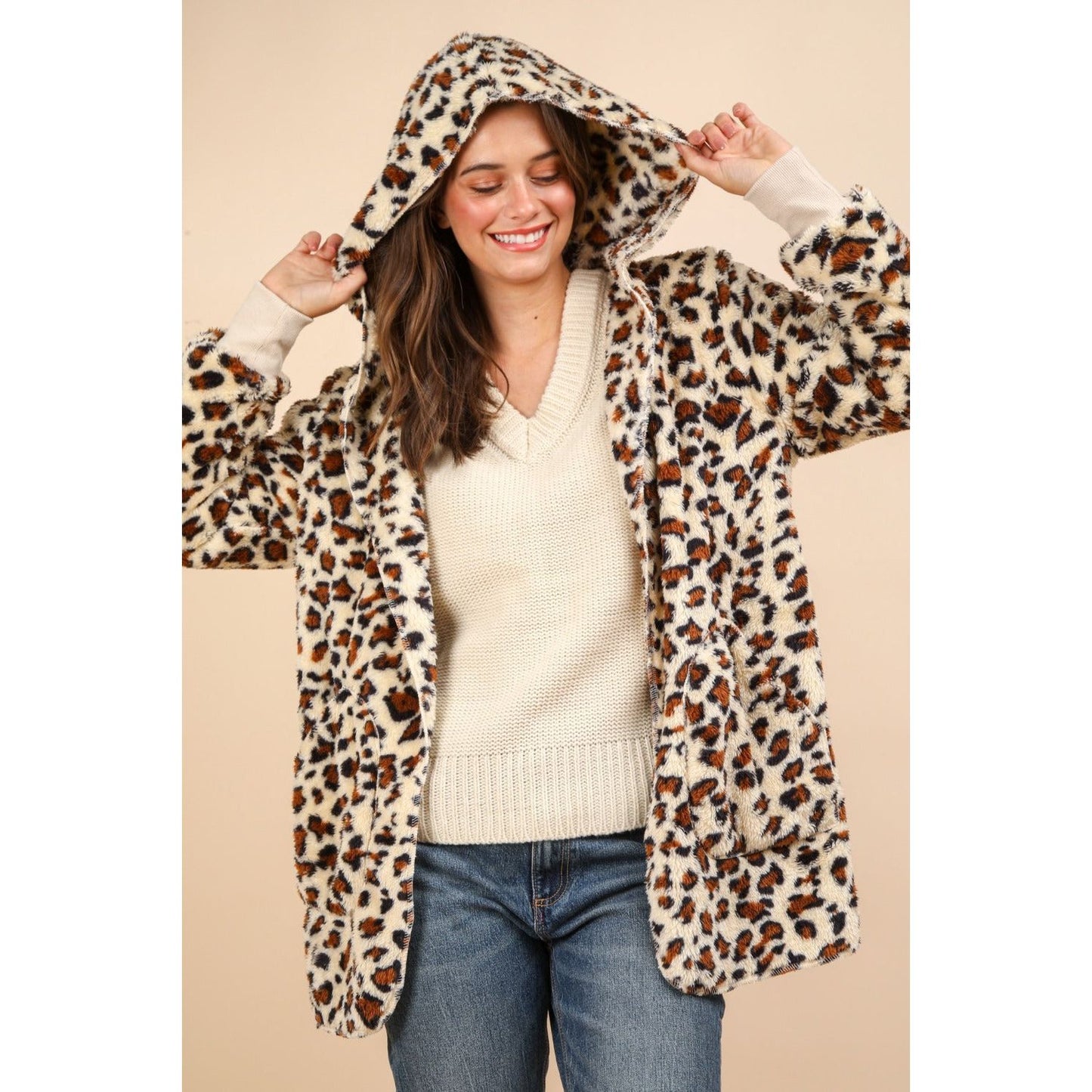 VERY J Fuzzy Leopard Long Sleeve Hooded Jacket