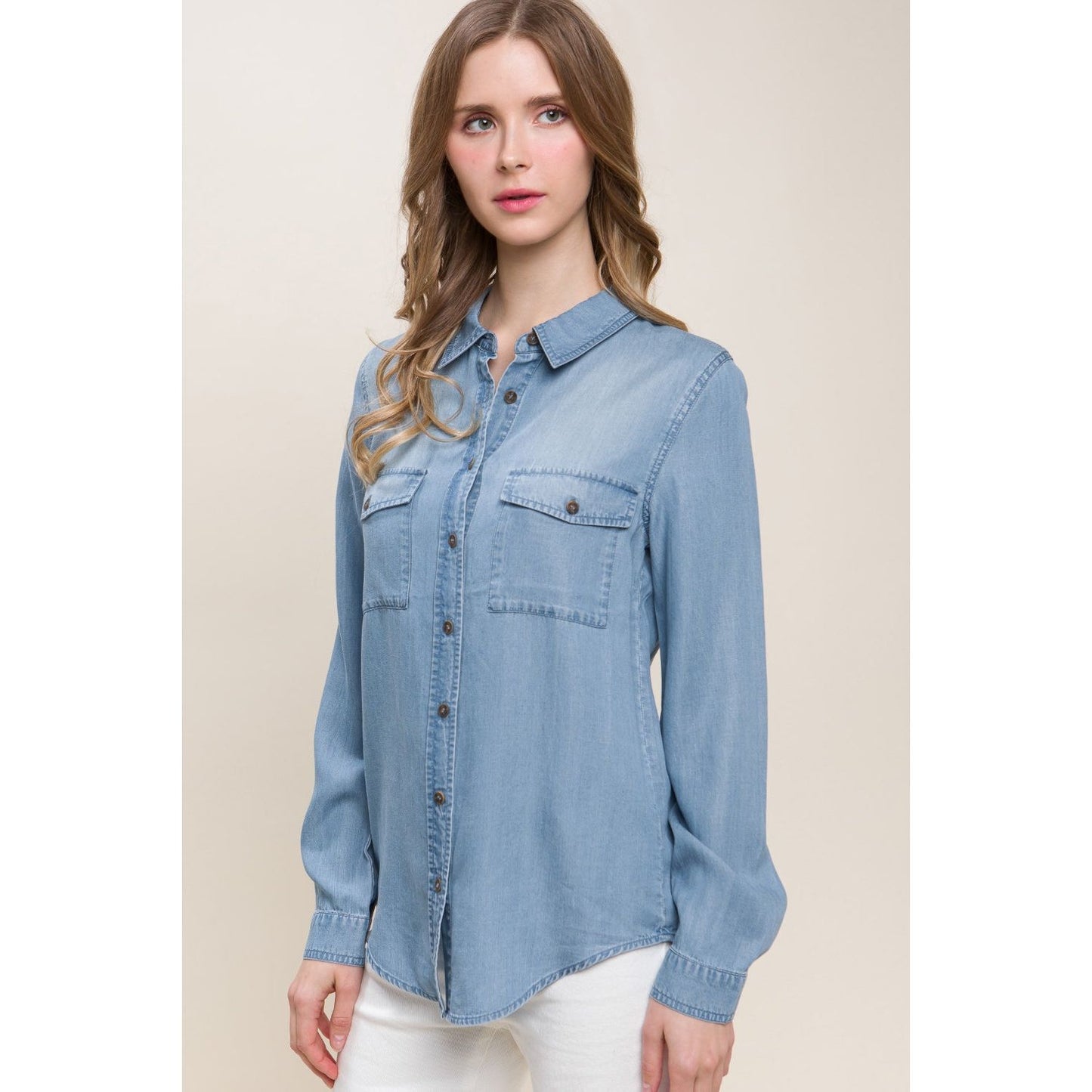 Love Tree Scooped Hem Button Up Denim Shirt