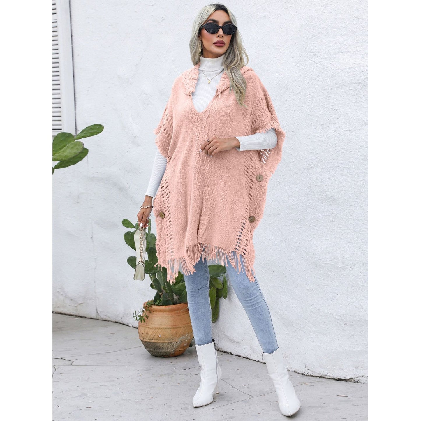 Fringe Trim Buttoned Hooded Poncho