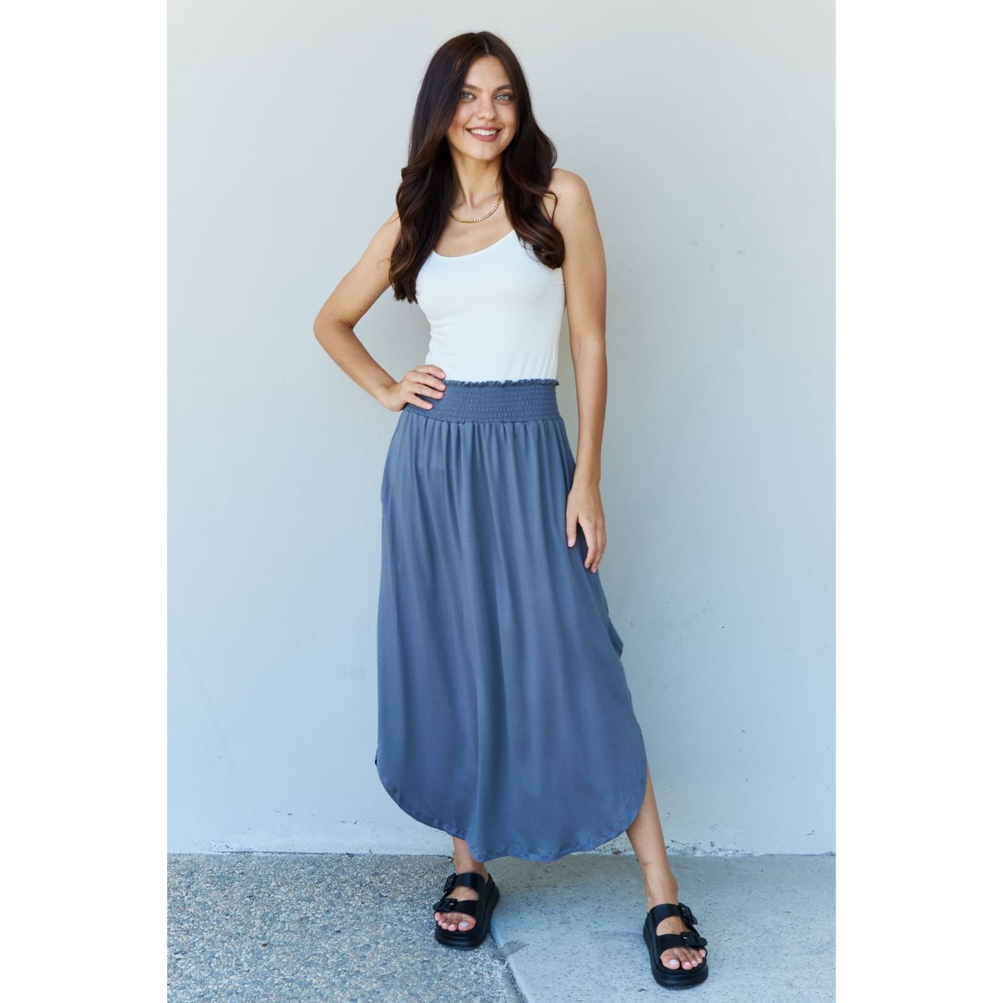 Doublju Comfort Princess Full Size High Waist Scoop Hem Maxi Skirt in Charcoal