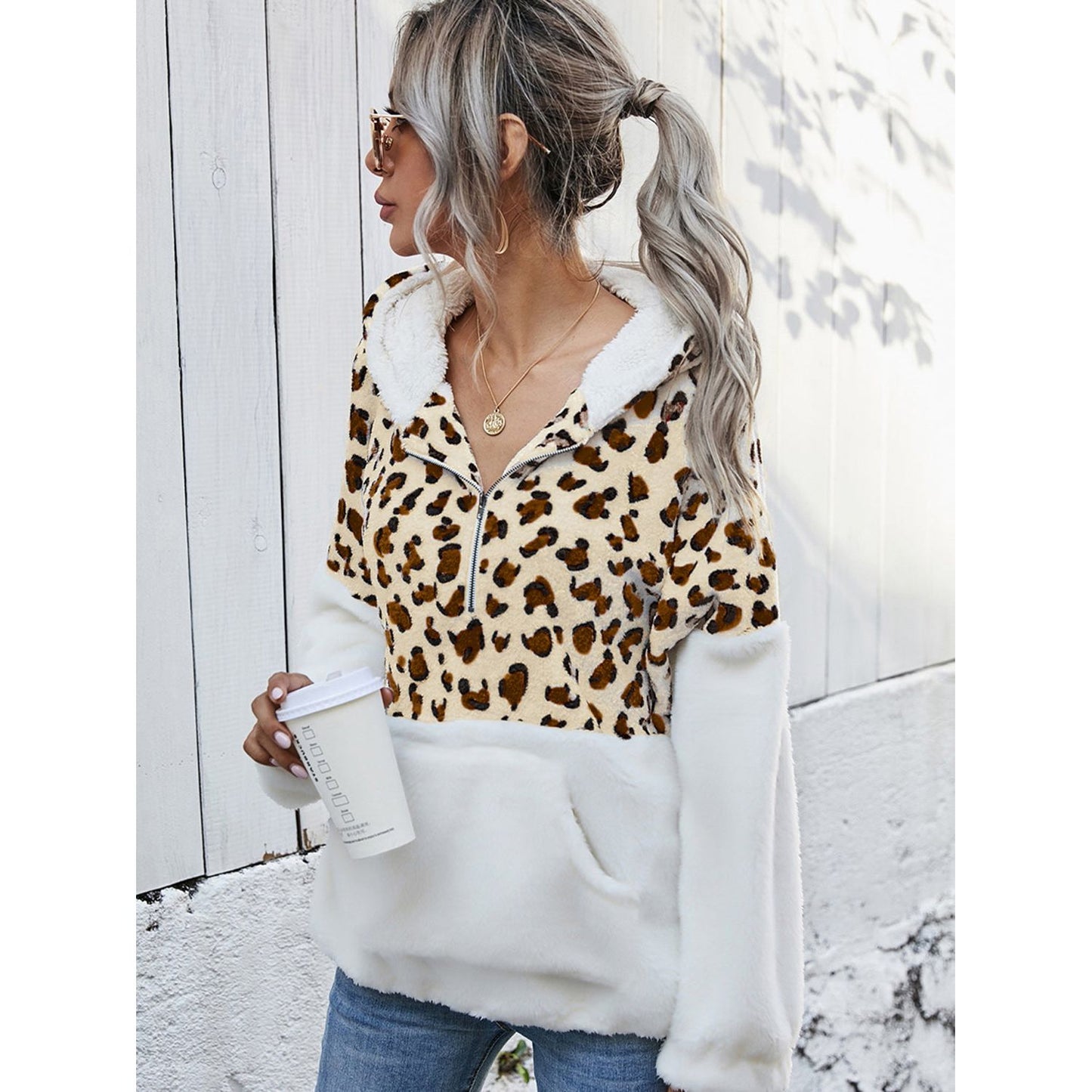 Shiny Leopard Half-Zip Dropped Shoulder Hoodie