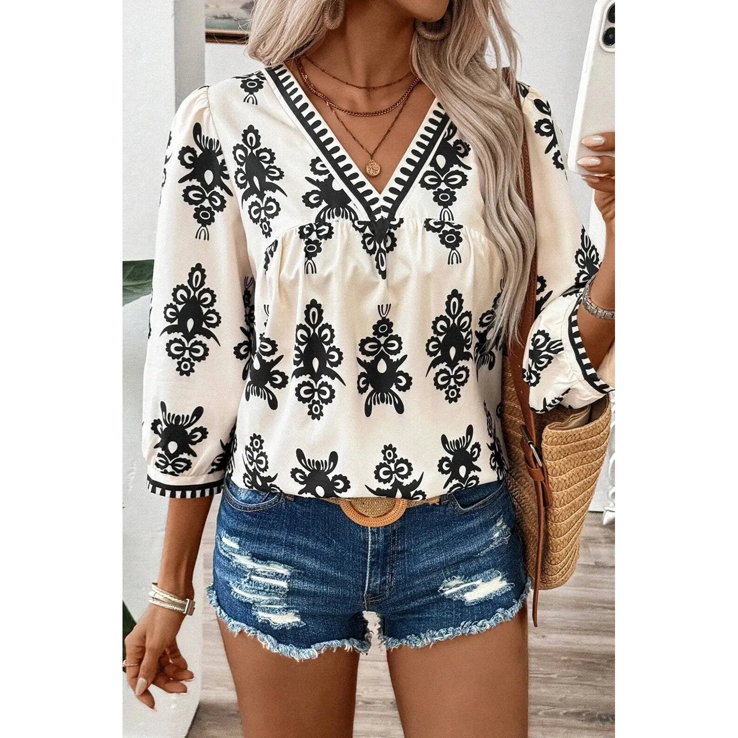 Printed V-Neck Three-Quarter Sleeve Blouse