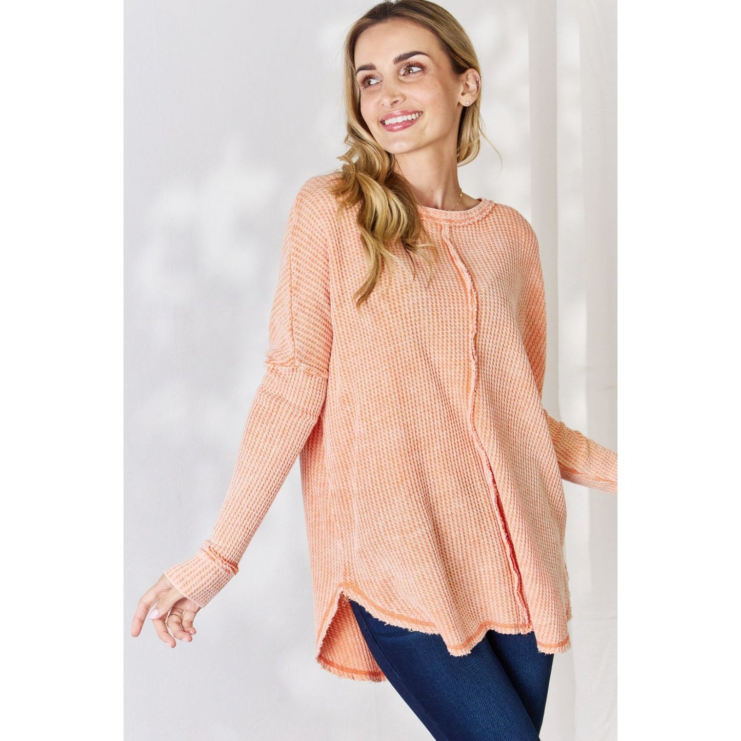 Zenana Oversized Washed Waffle Long Sleeve Top