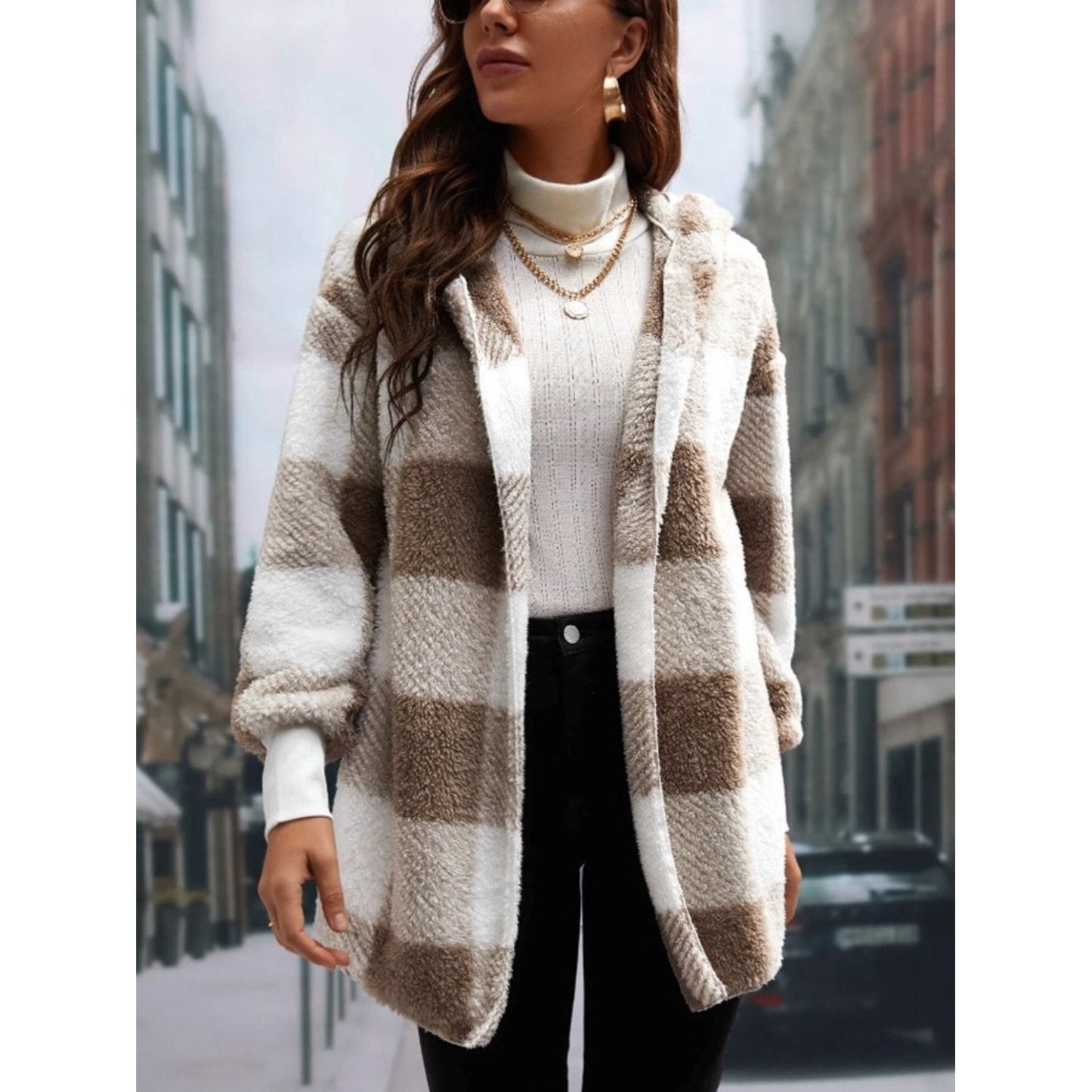 Plaid Long Sleeve Hooded Coat