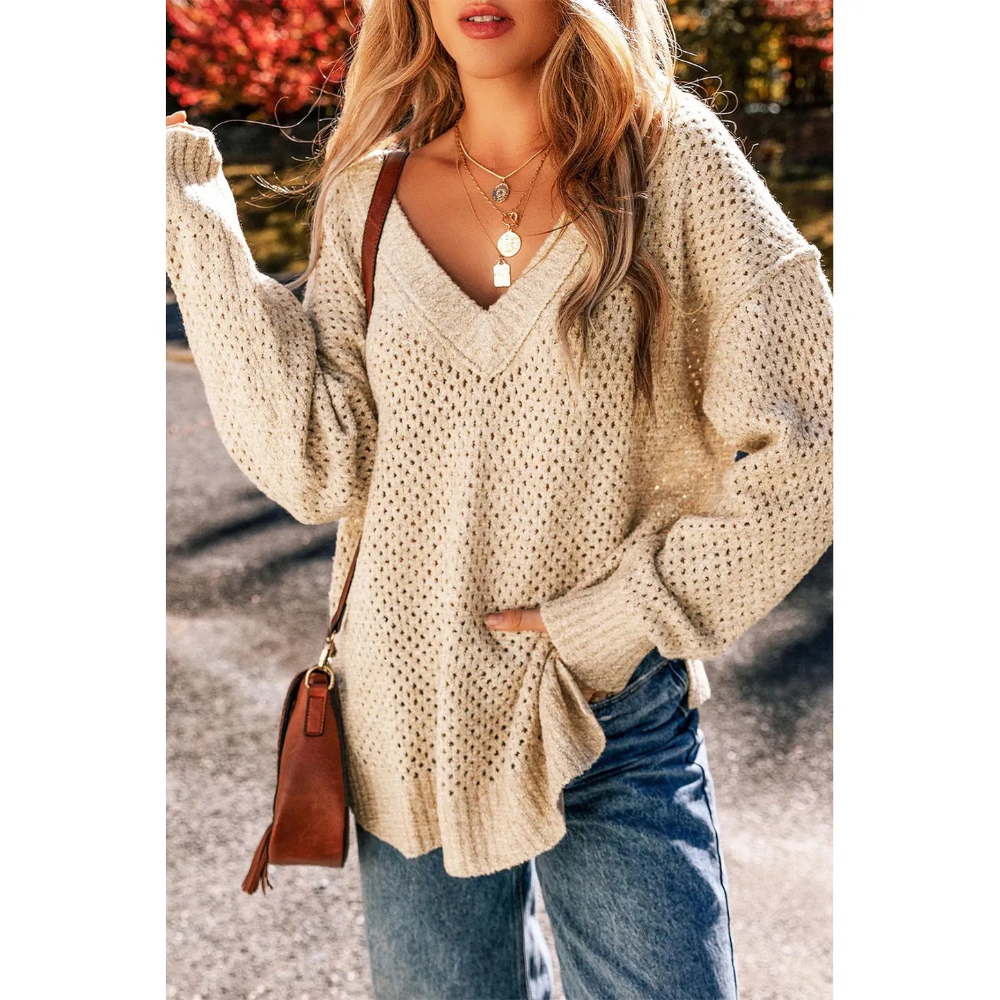 Openwork V-Neck Dropped Shoulder Sweater