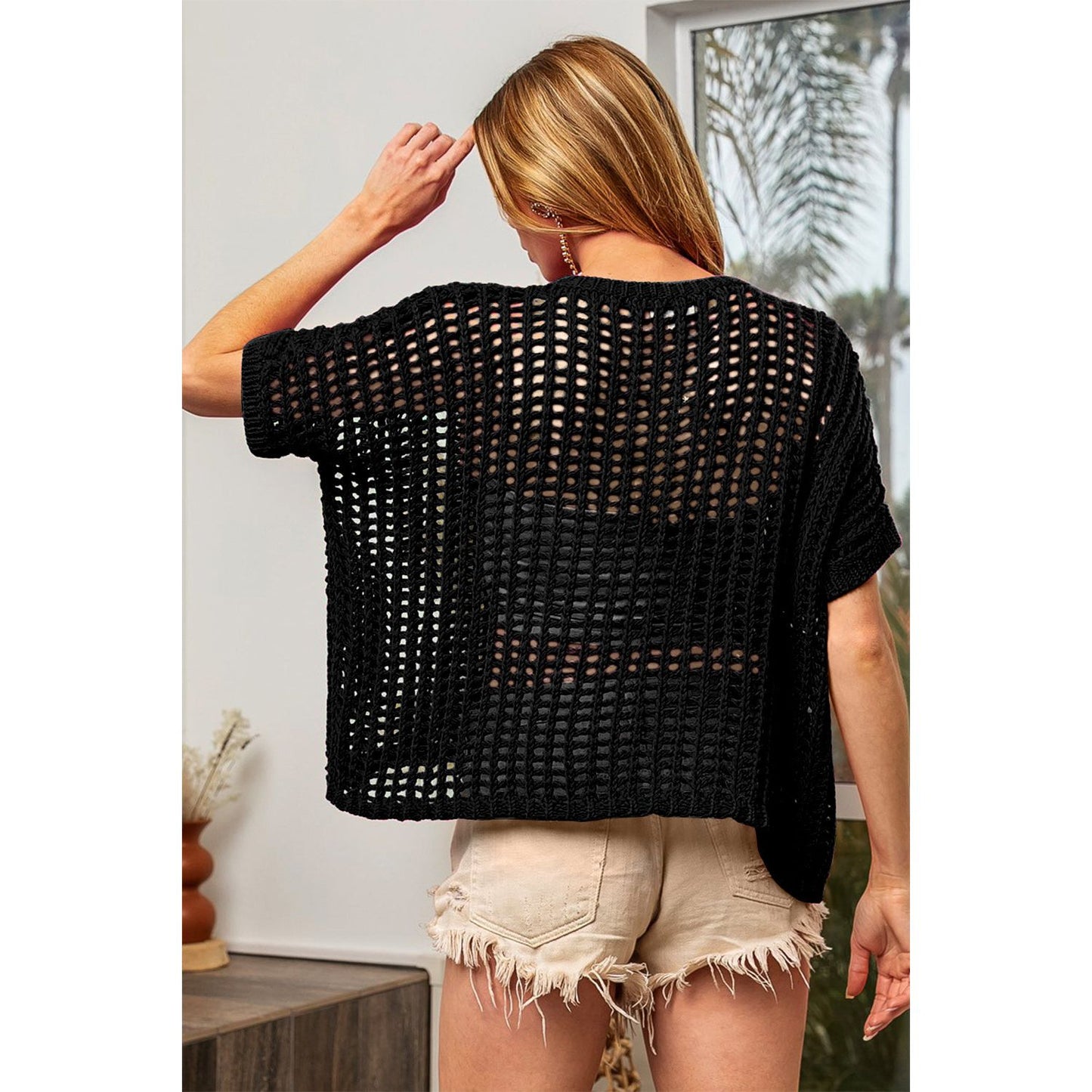 BiBi Hollowed Out Short Sleeve Knit Cover Up