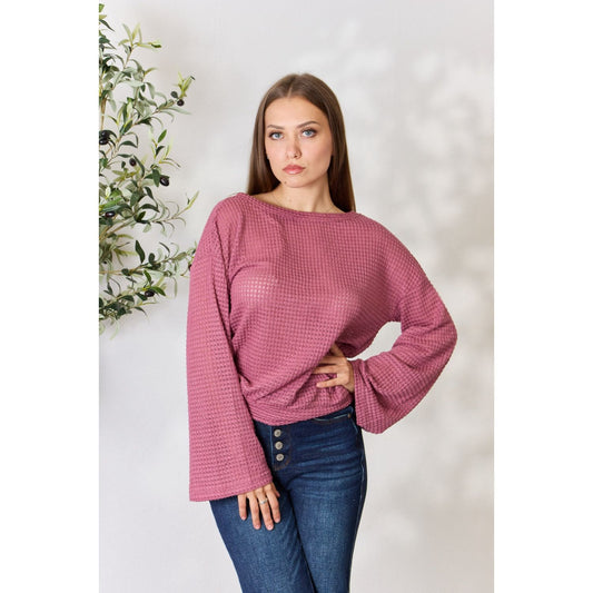 Culture Code Full Size Waffle-Knit Round Neck Long Sleeve Blouse