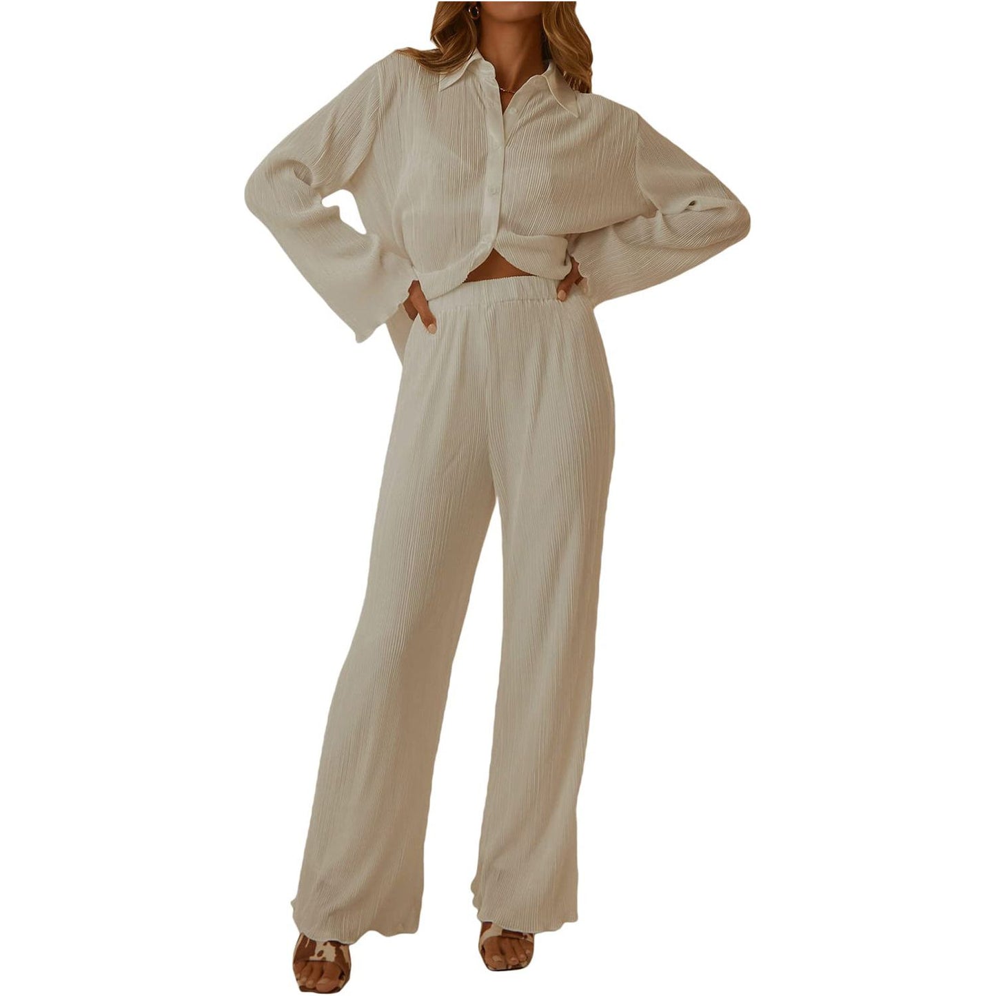 Collared Neck Long Sleeve Top and Pants Lounge Set