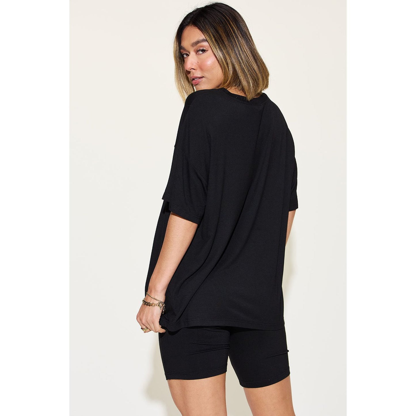 Basic Bae Full Size V-Neck Drop Shoulder T-Shirt and Shorts Set