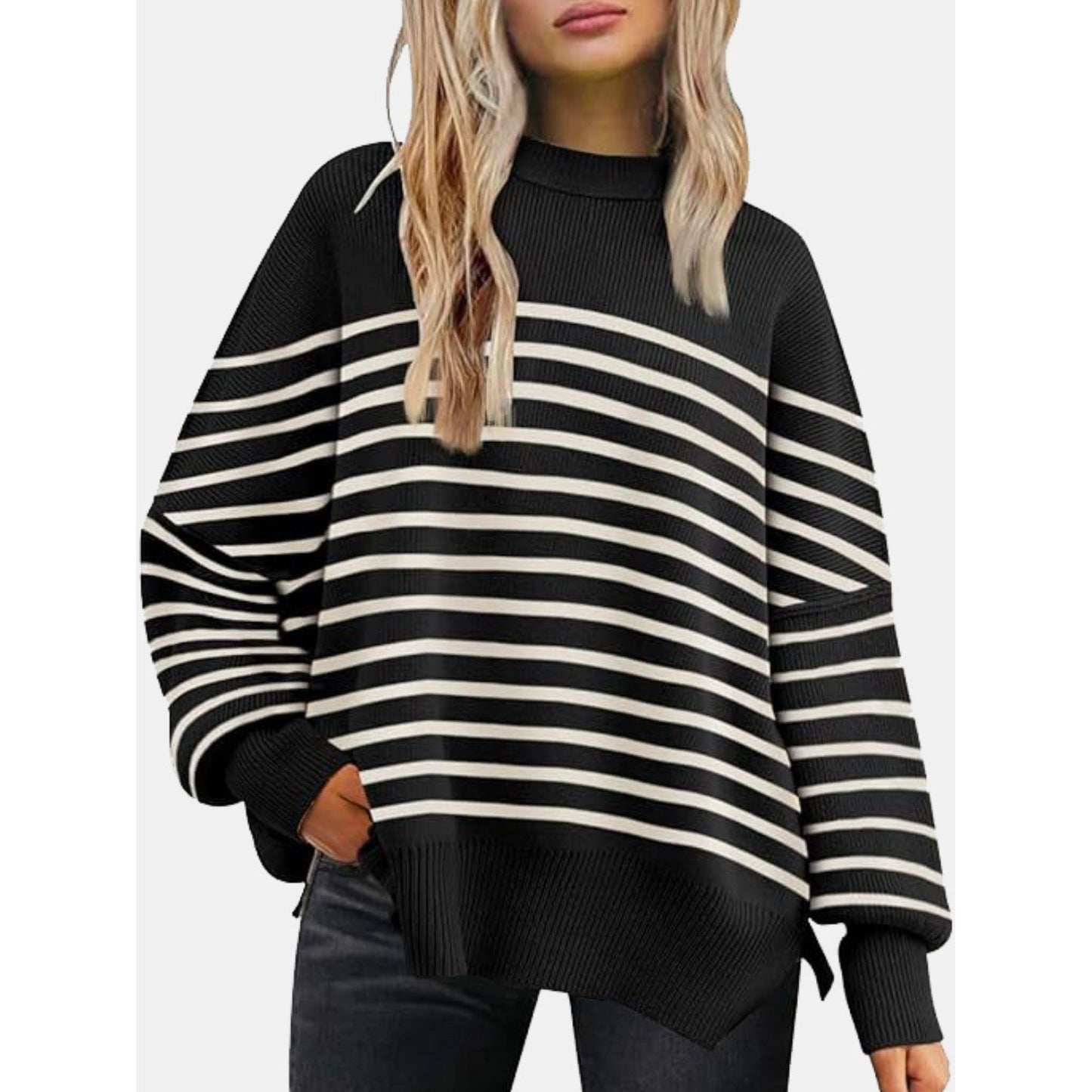 Round Neck Drop Shoulder Slit Sweater