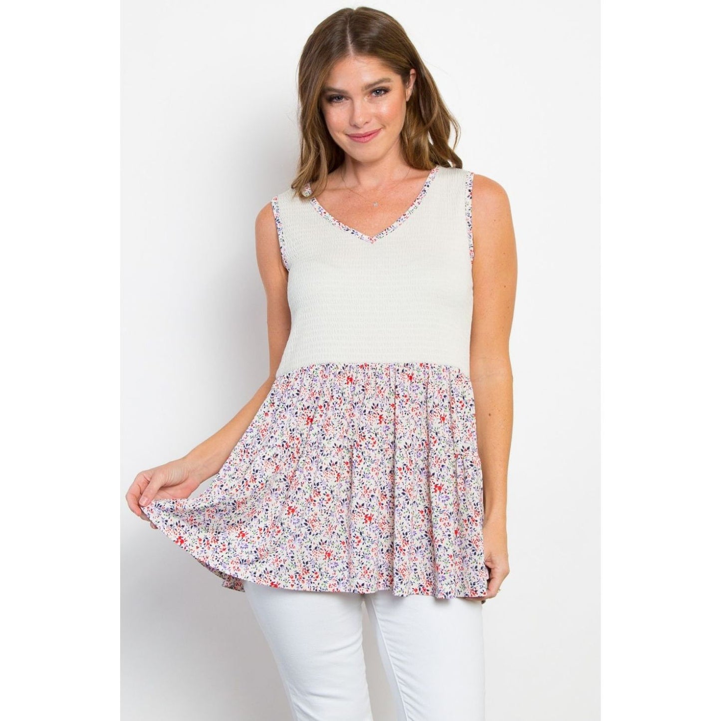 Be Stage Full Size Smocked Printed Peplum Sleeveless Top