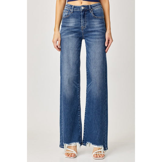 Risen Full Size High Rise Frayed Hem Wide Leg Jeans