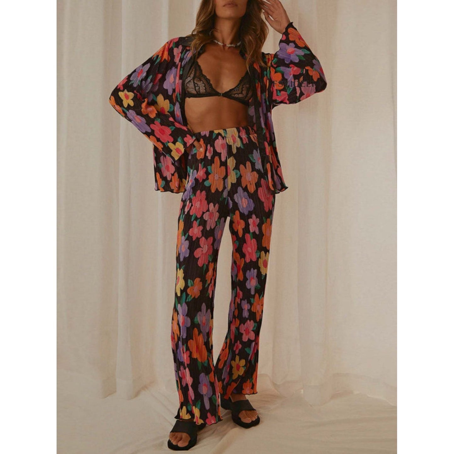 Printed Collared Neck Long Sleeve Top and Pants Lounge Set