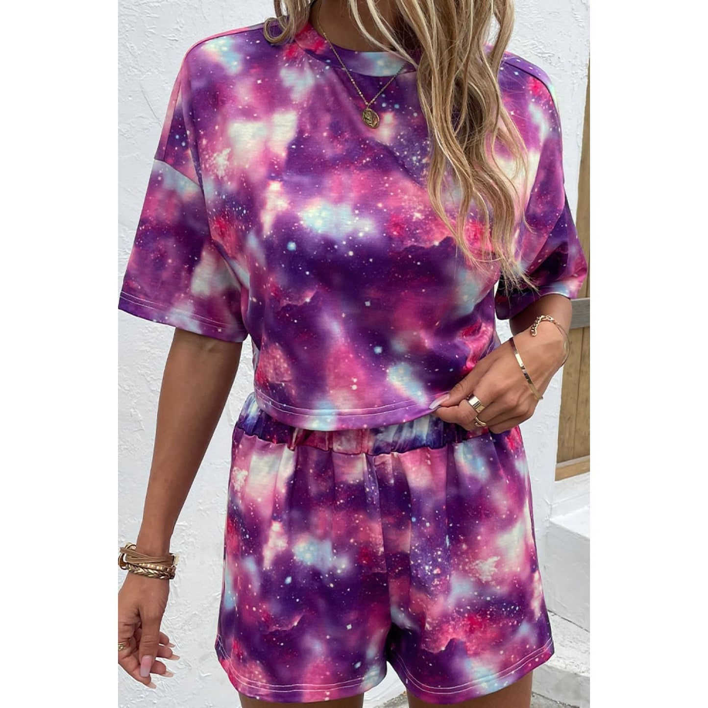 Shiny Printed Half Sleeve Top and Shorts Lounge Set