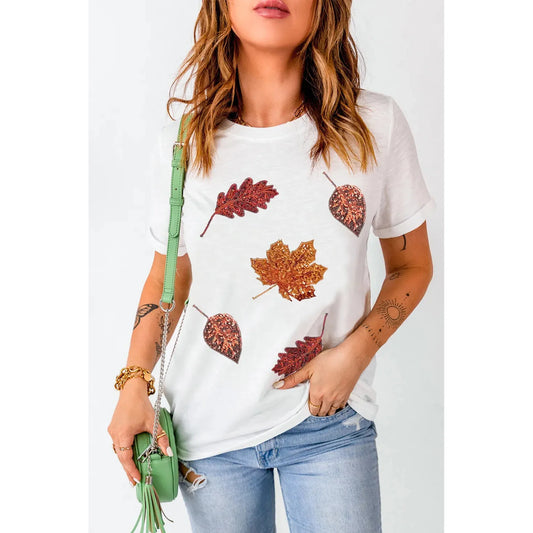 Maple Leaf Round Neck Short Sleeve T-Shirt