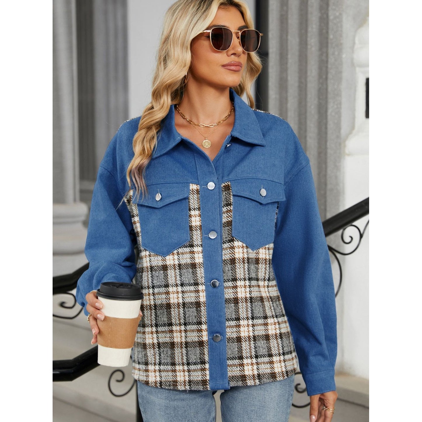 Plaid Button Up Long Sleeve Denim Jacket