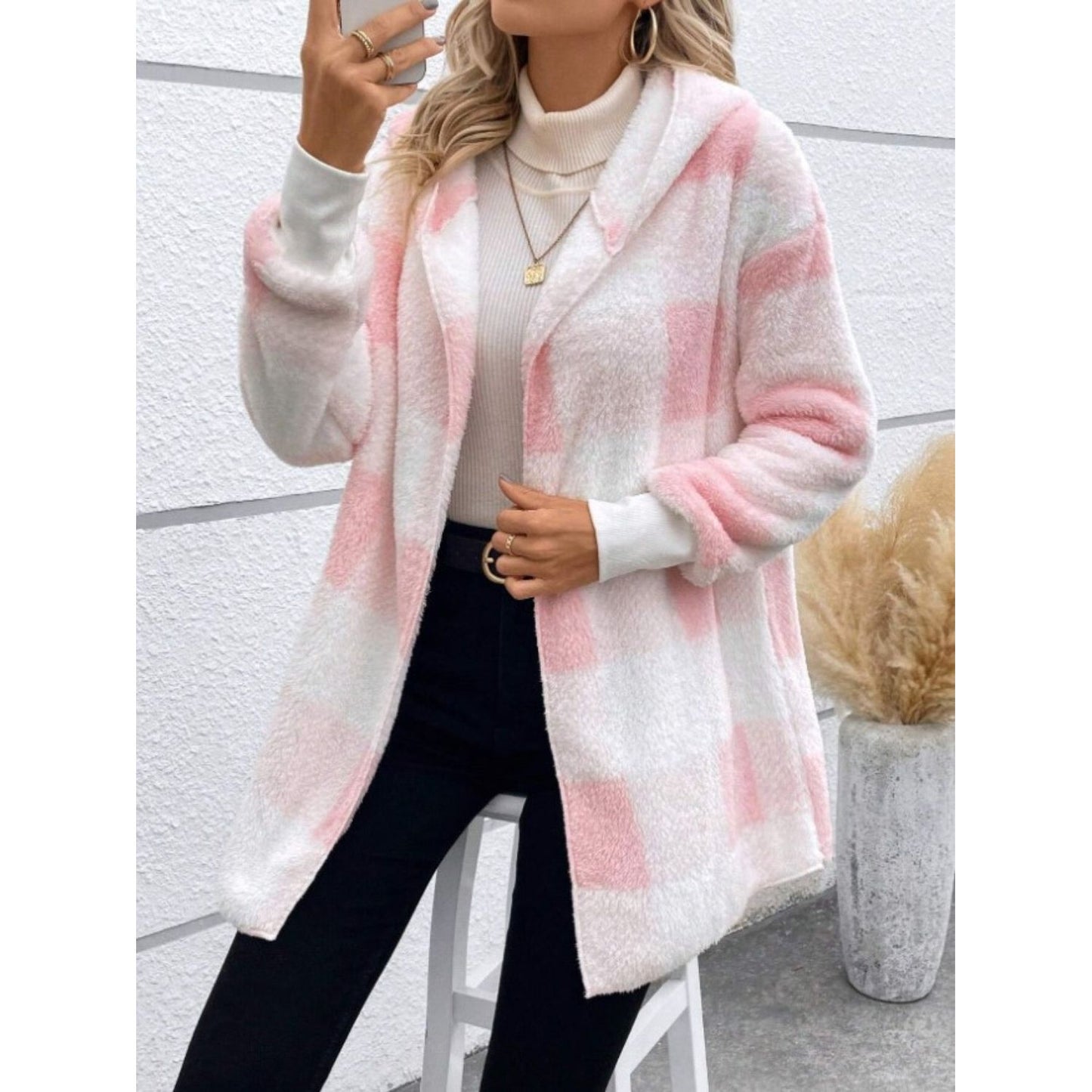 Plaid Long Sleeve Hooded Coat